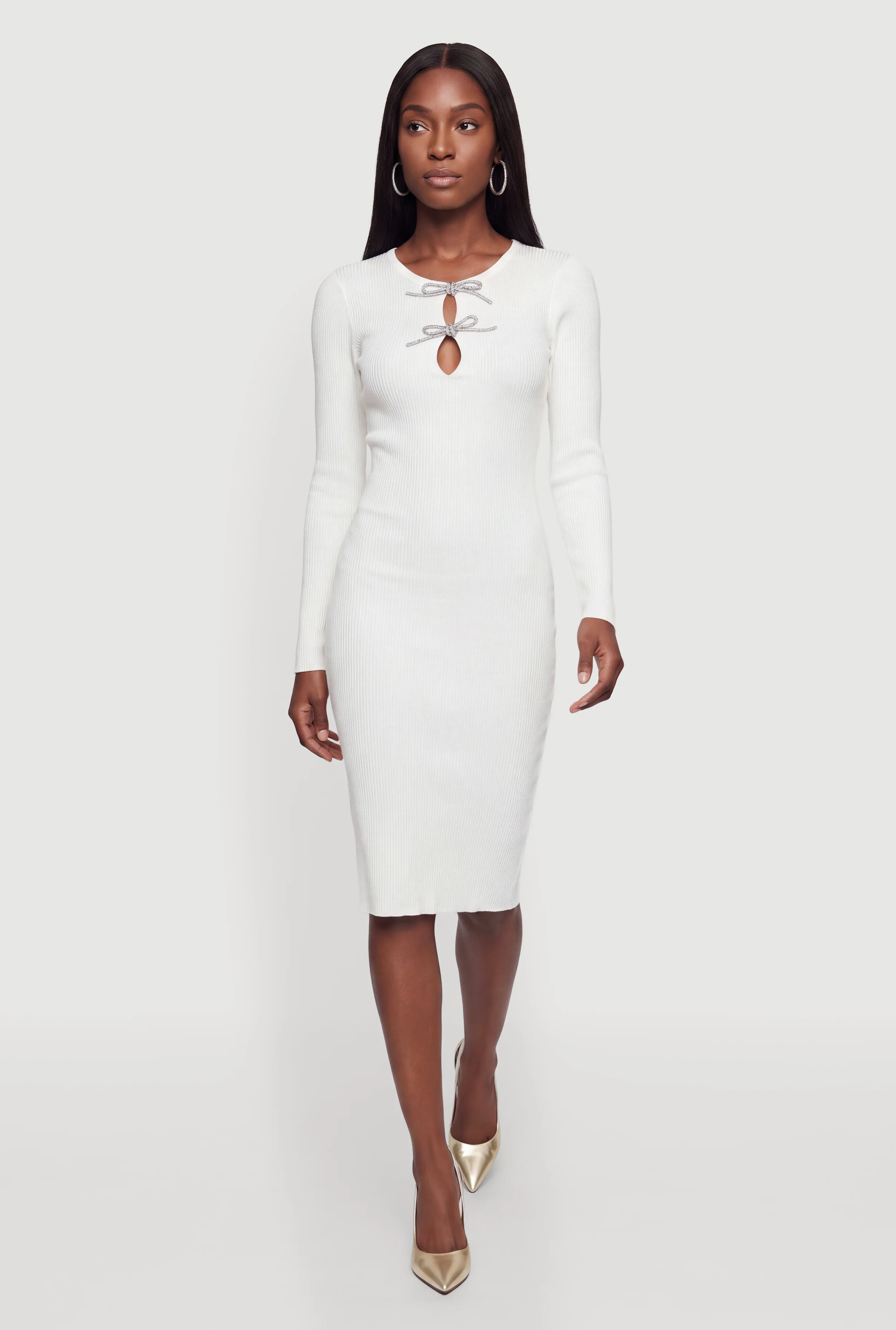 Double Rhinestone Bow Keyhole Midi Dress