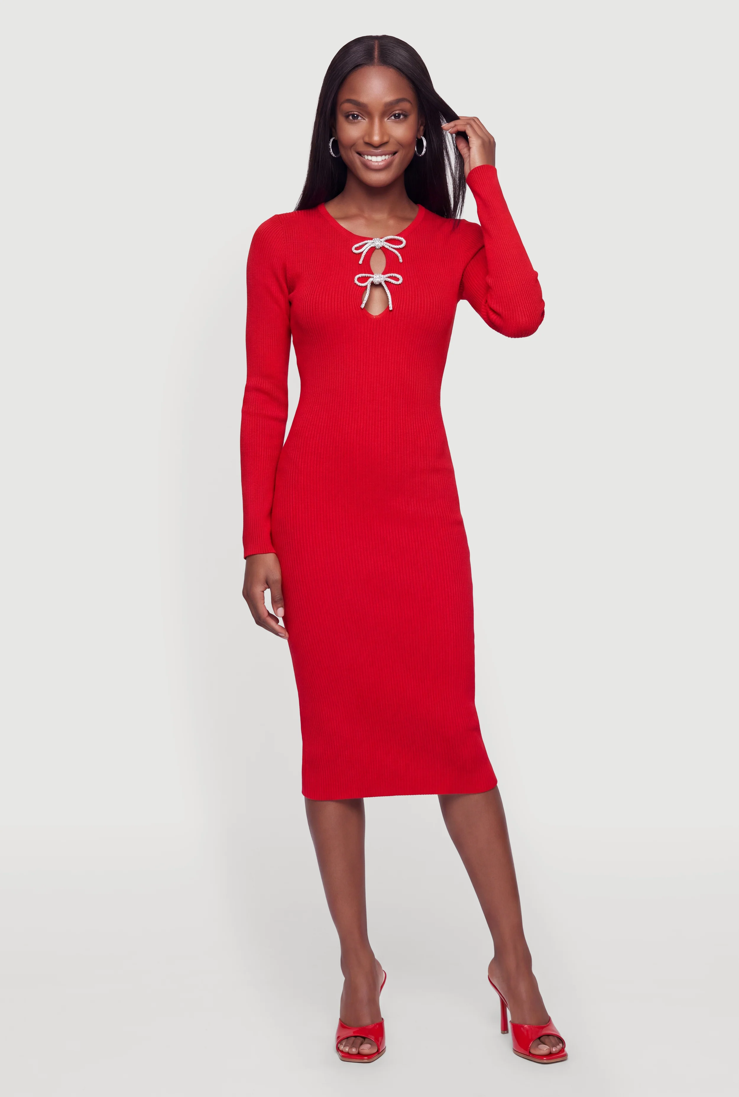 Double Rhinestone Bow Keyhole Midi Dress