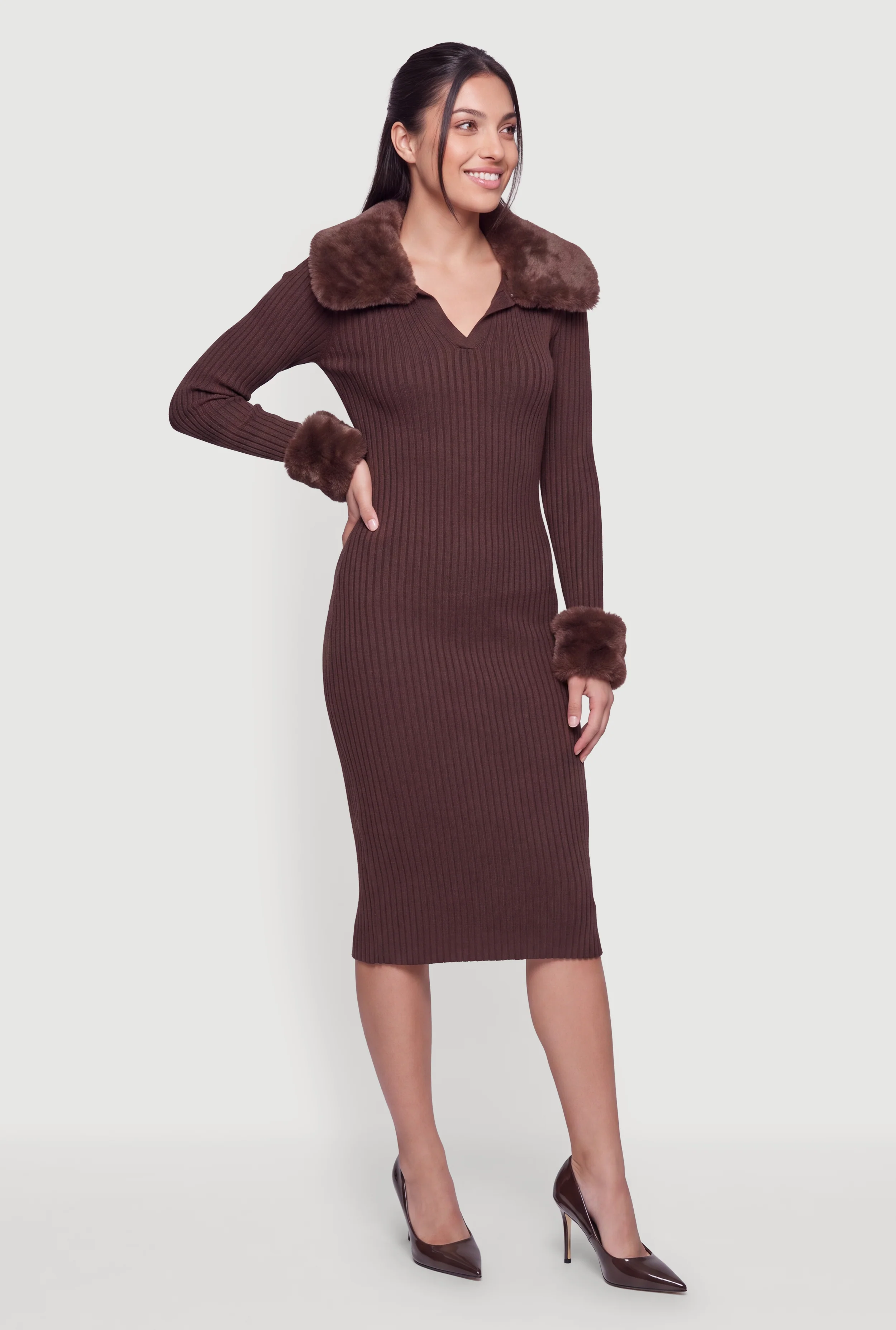 Long Sleeve Midi Dress with Removable Faux Collar and Cuffs