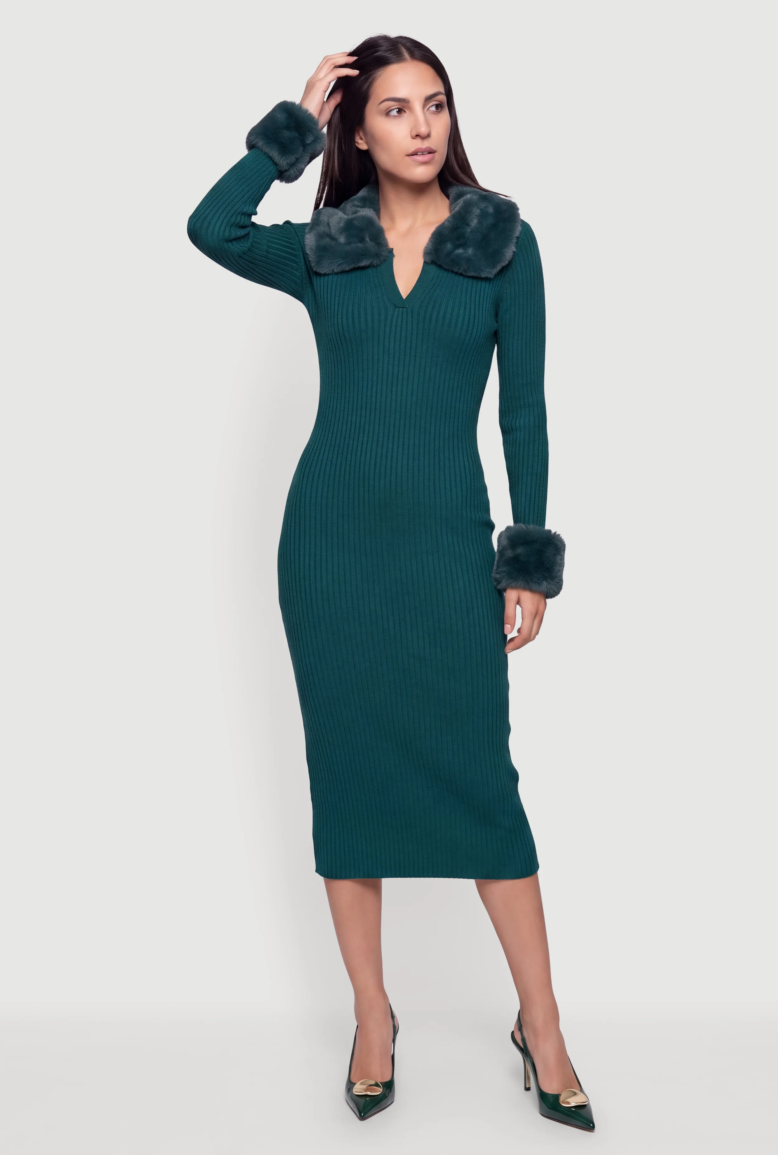 Long Sleeve Midi Dress with Removable Faux Collar and Cuffs