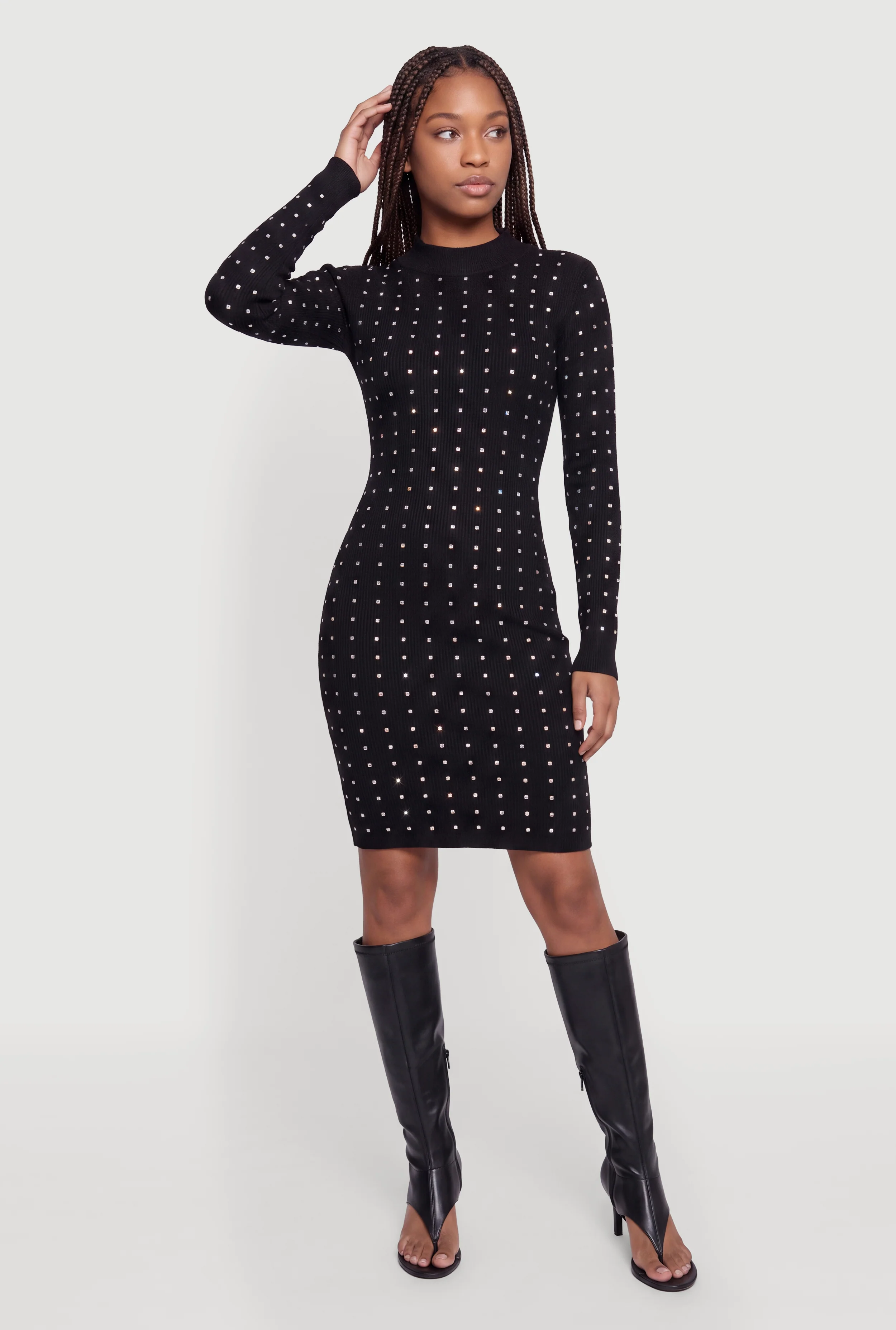 Rhinestone Mock Neck Long Sleeve Mini Dress
