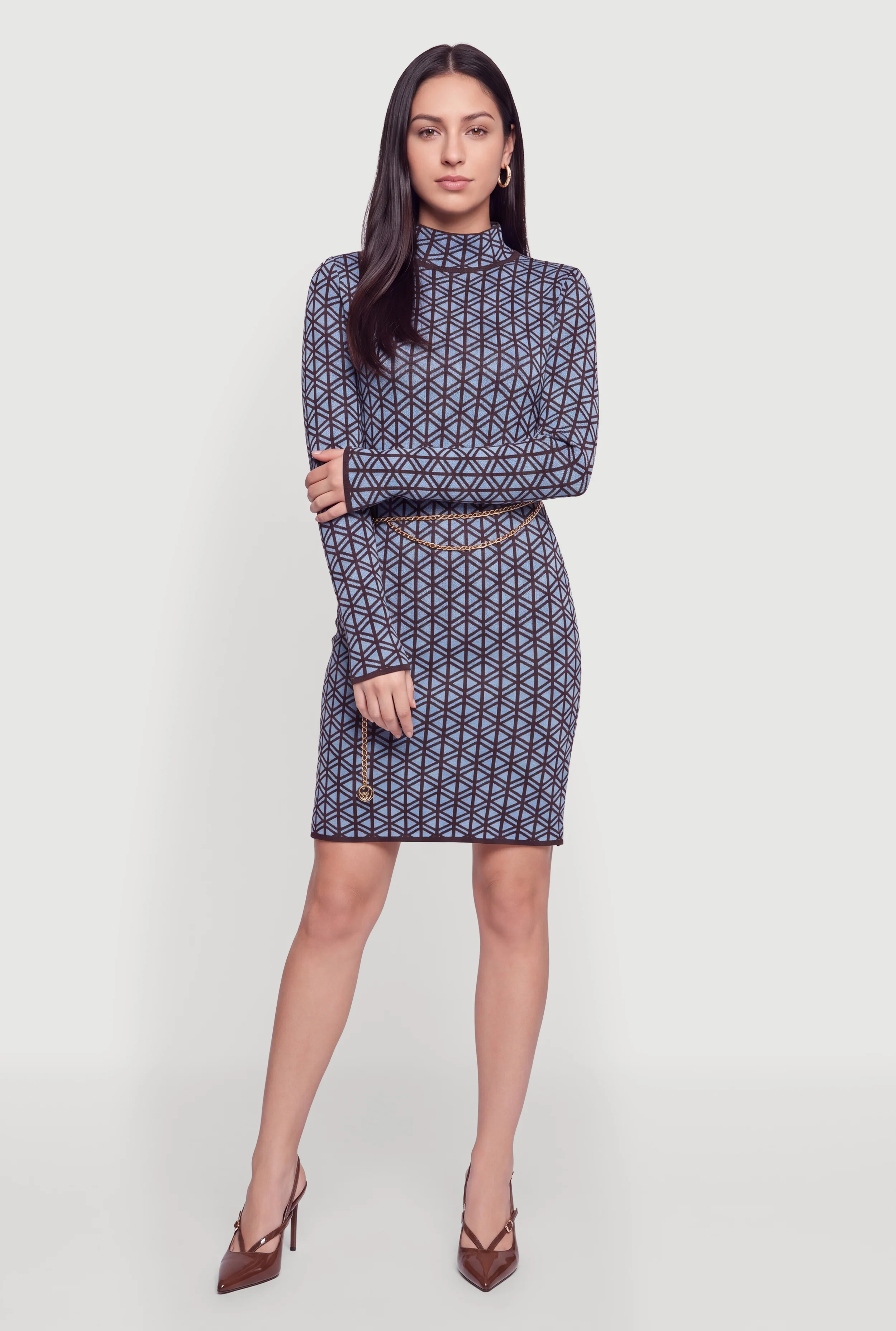Geometric Print Mock Neck Sweater Dress with Chain Belt
