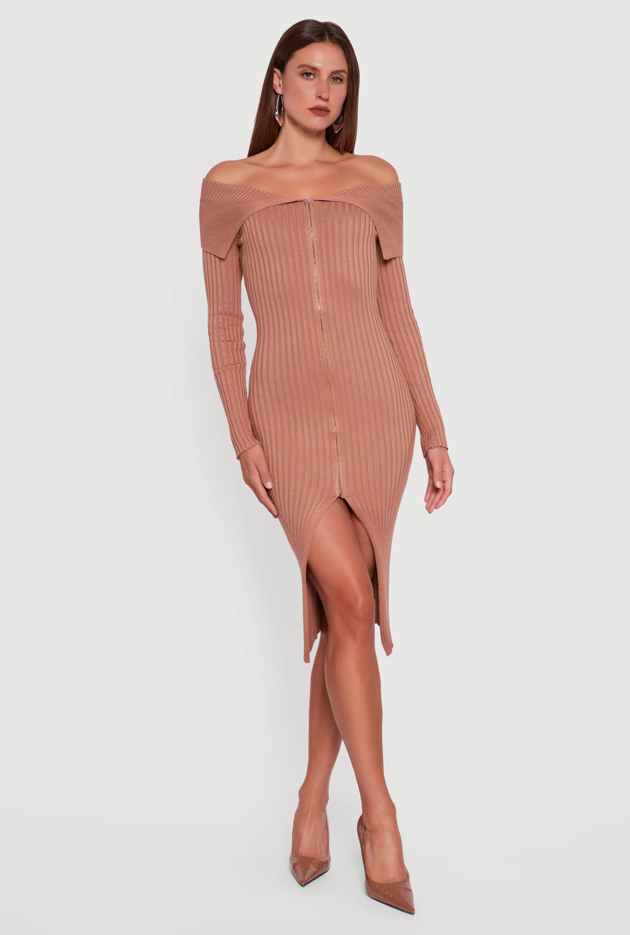 Almost Famous Zip Front Fold Over Off the Shoulder Dress
