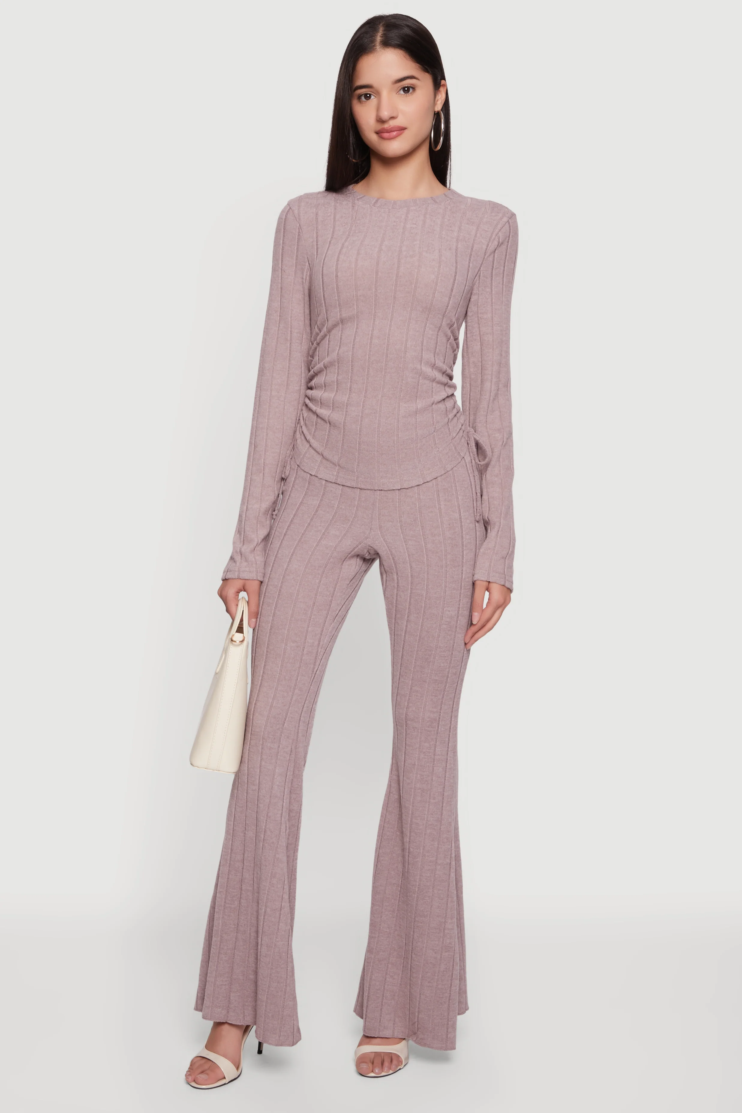 Brushed Ribbed Knit Pull On Flare Pants