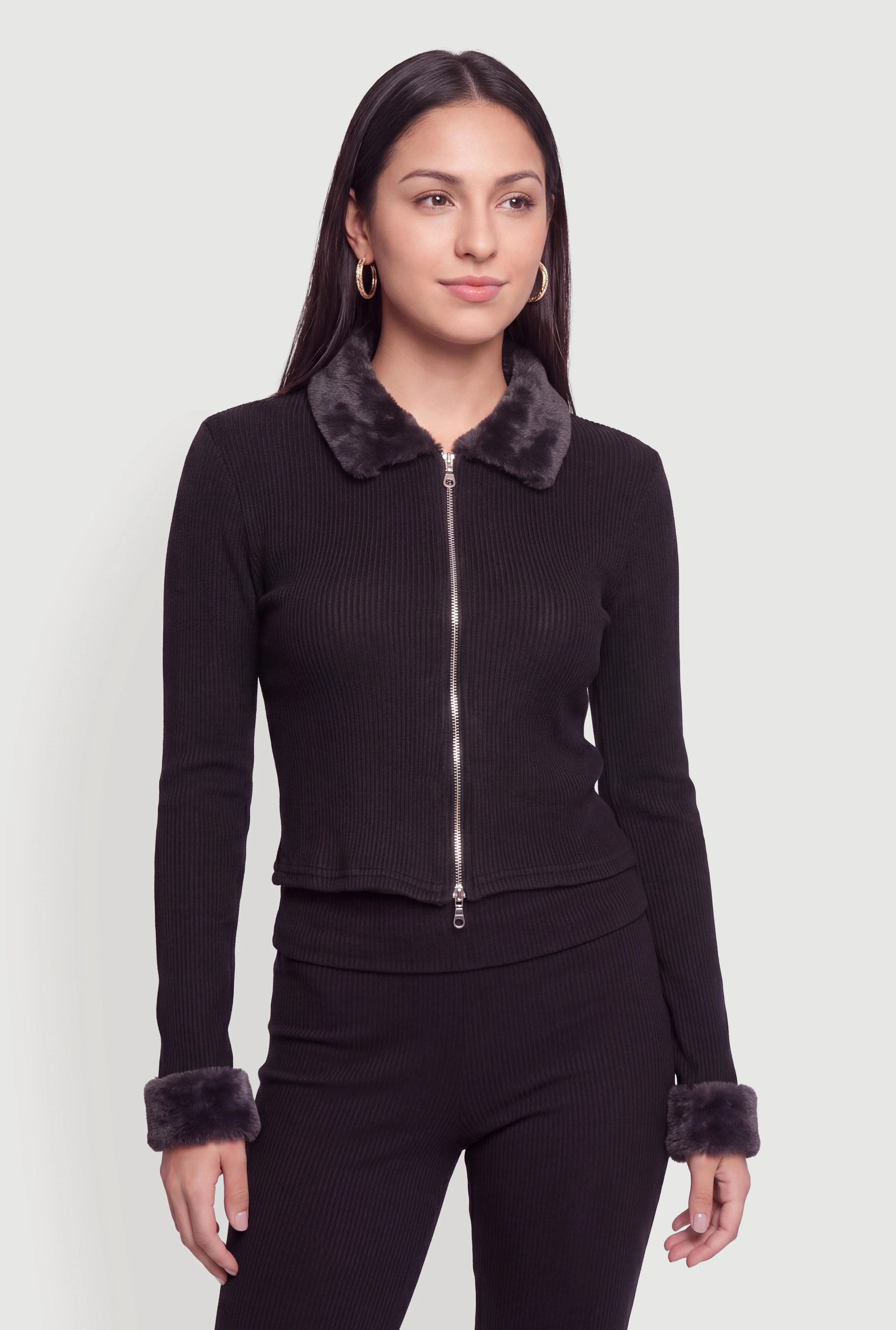 Faux Fur Trim Double Zip Front Sweater