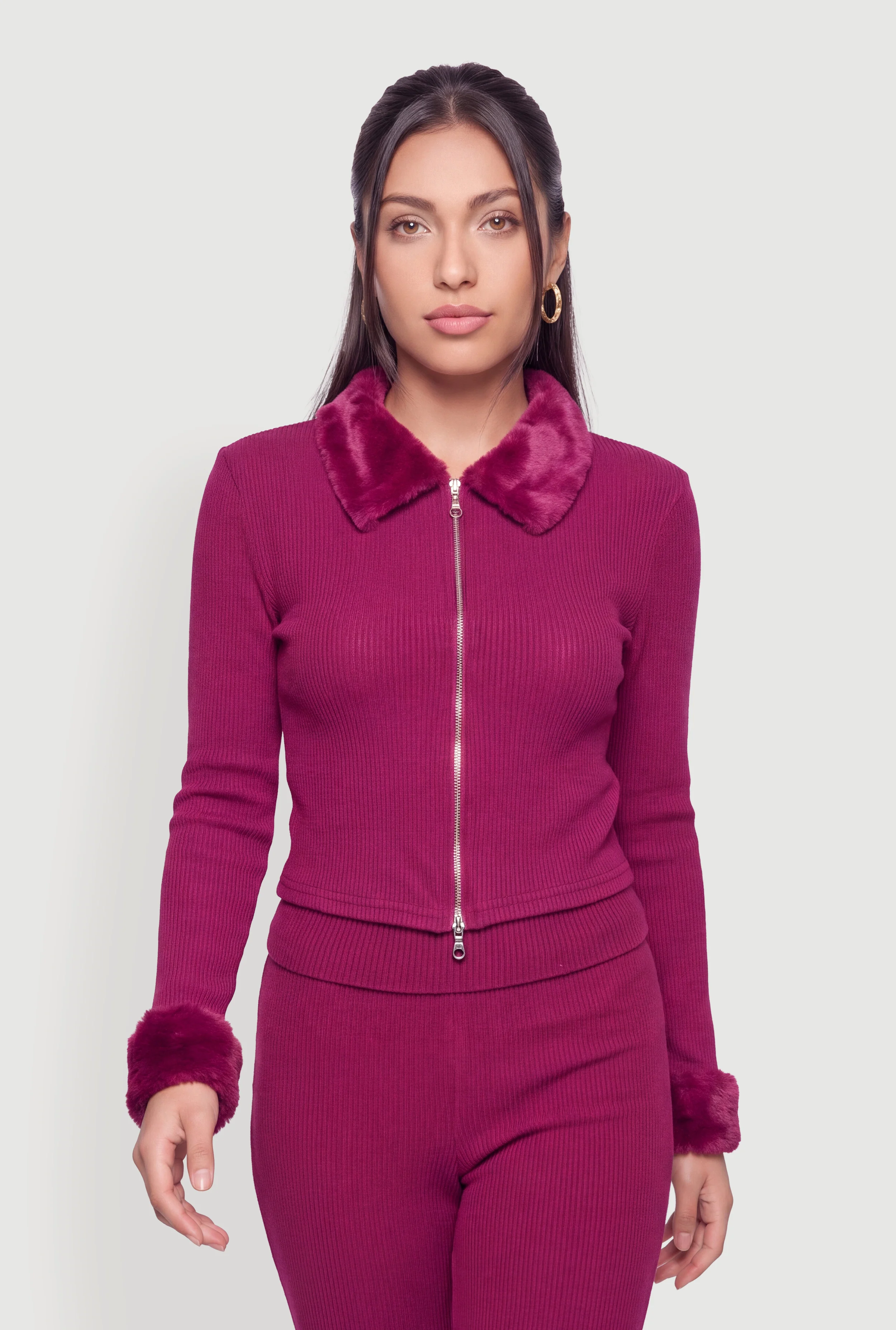 Faux Fur Trim Double Zip Front Sweater