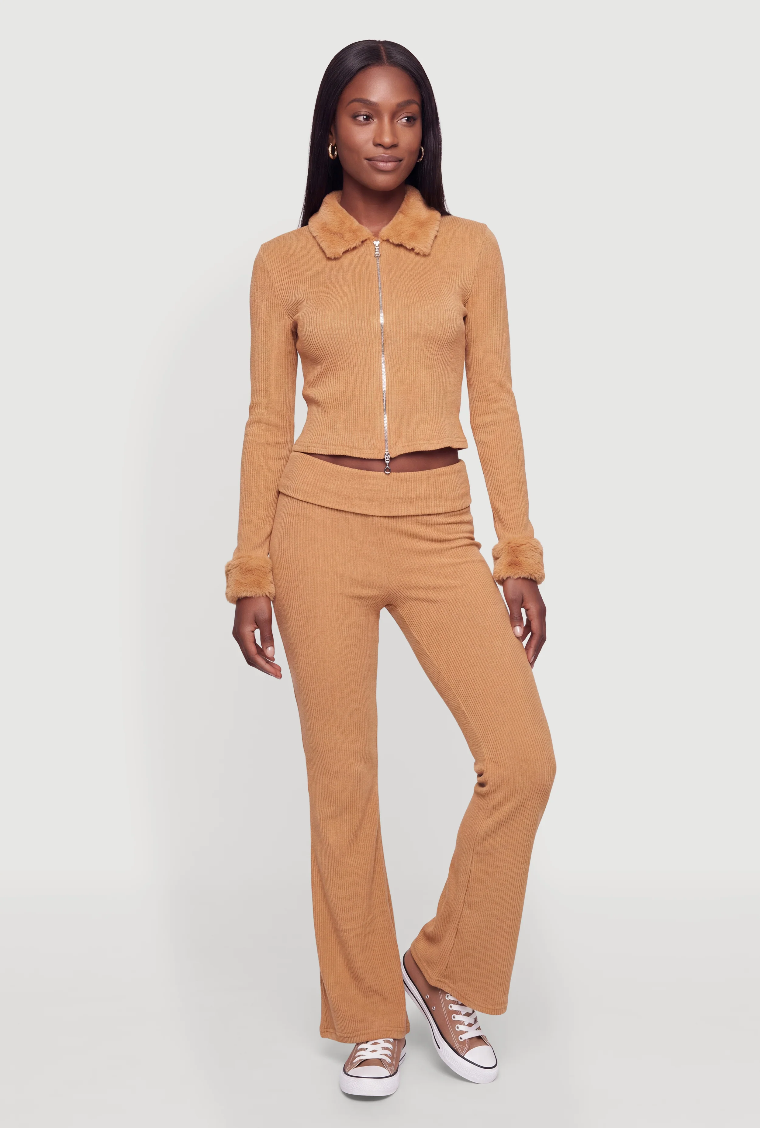 Brushed Ribbed Knit Fold Over Flare Leg Pants