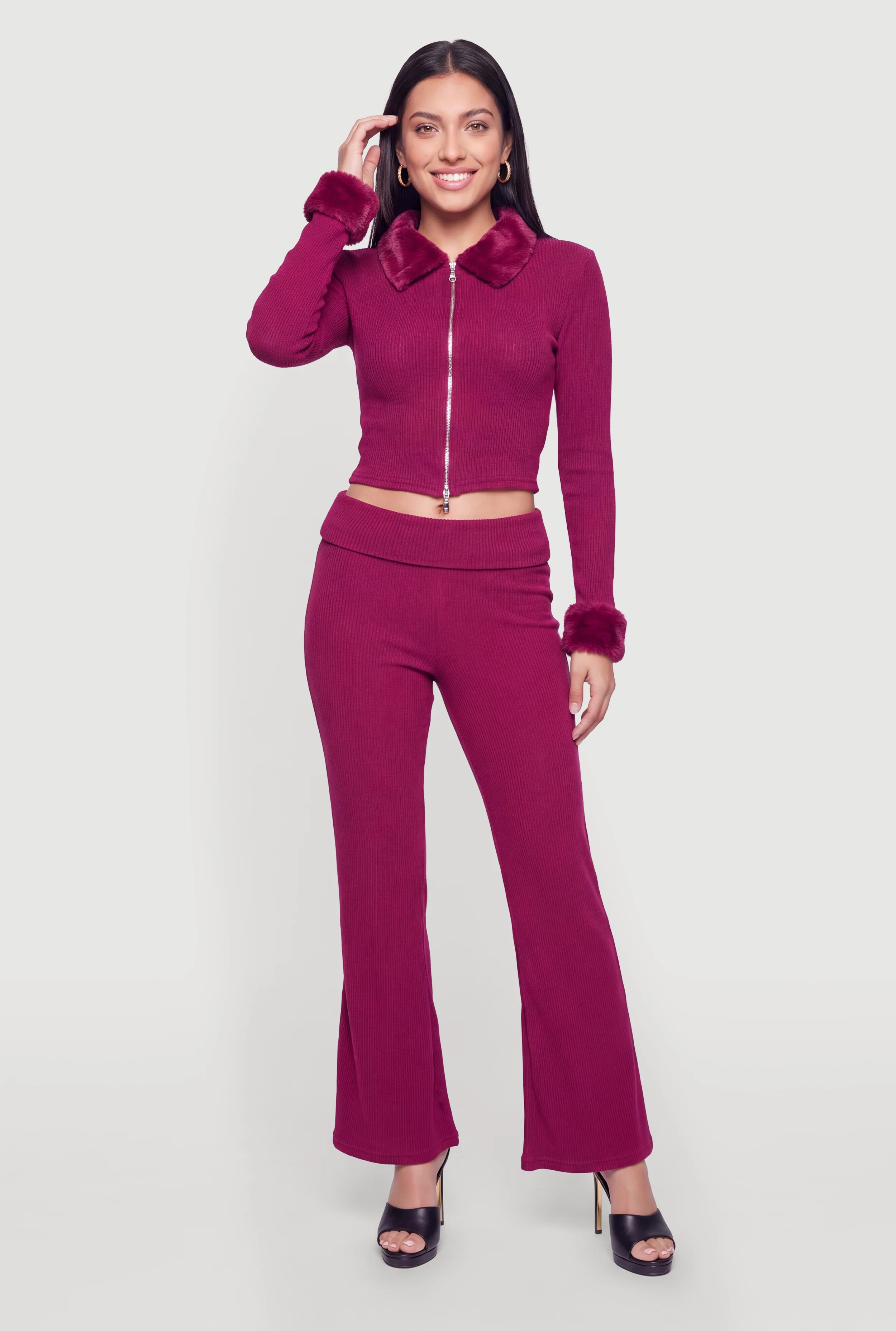 Brushed Ribbed Knit Fold Over Flare Leg Pants