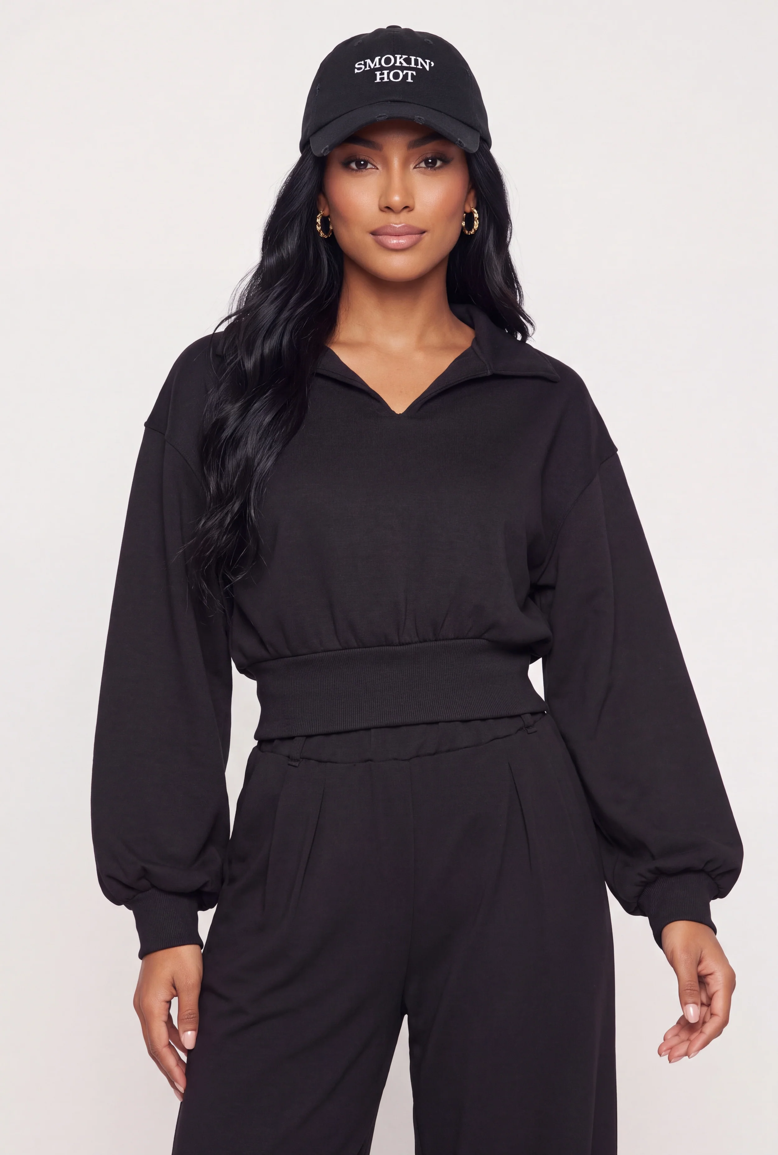 Drop Shoulder Cropped Polo Sweatshirt