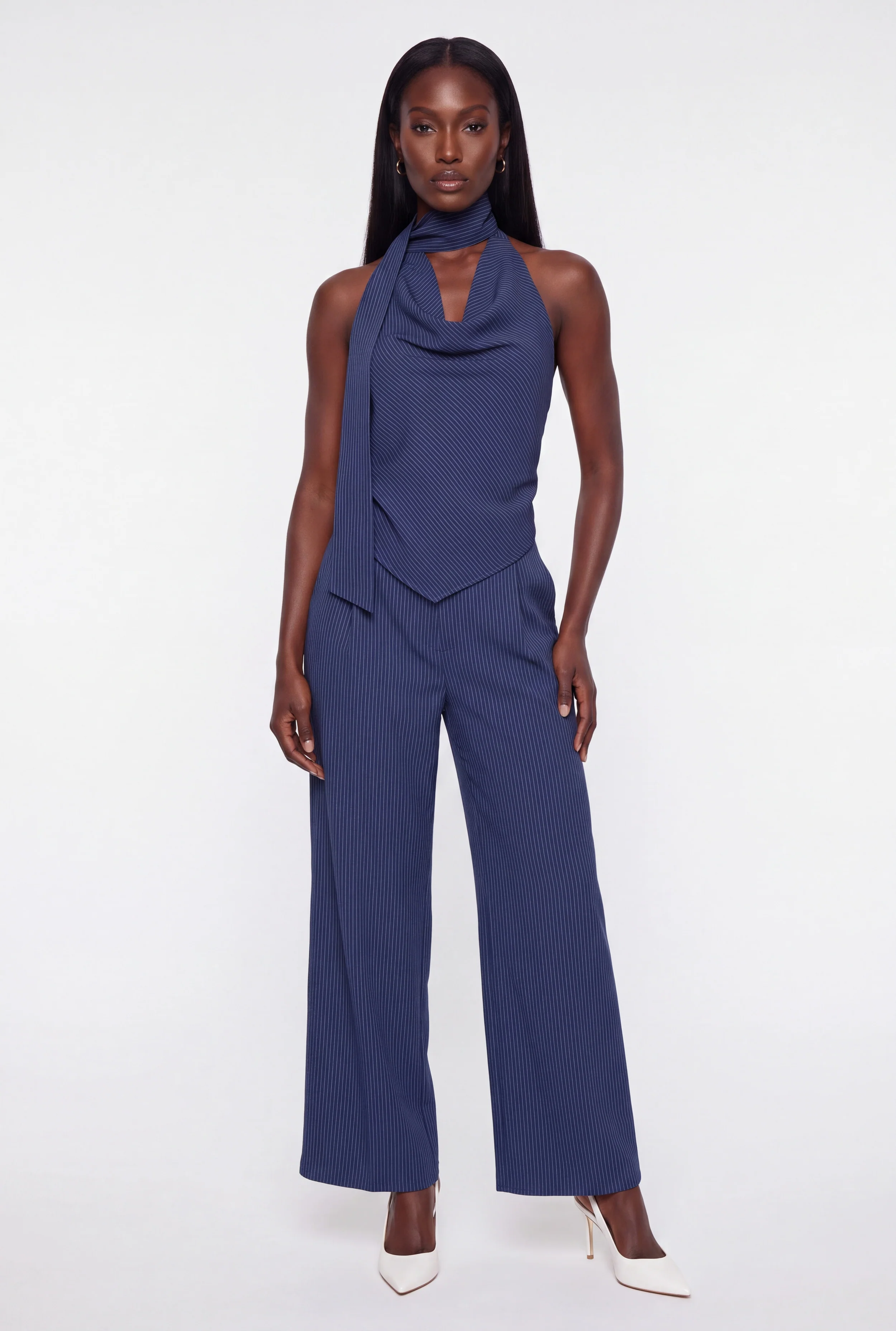 Pinstripe High Waisted Wide Leg Dress Pants