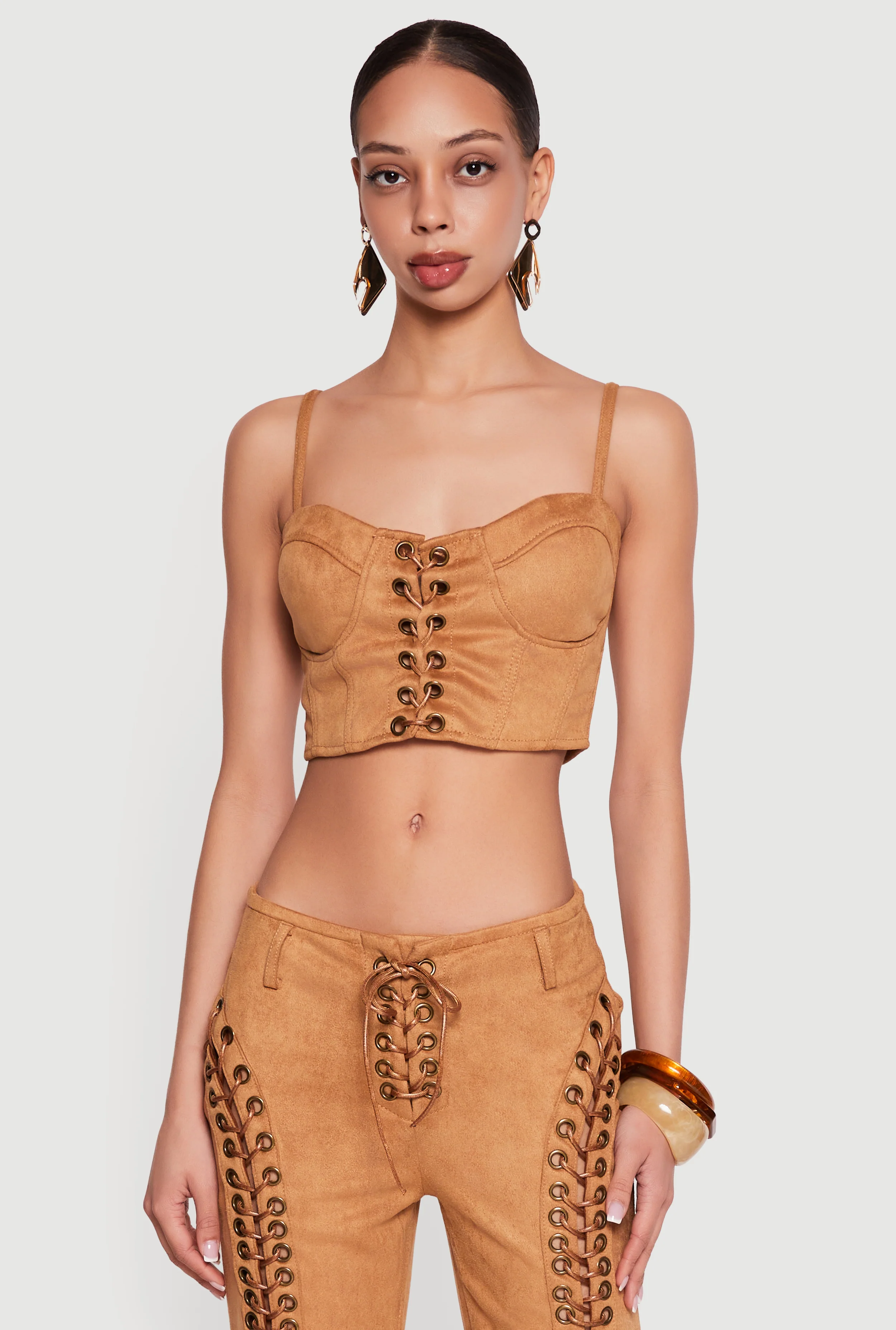 Lace Up Detail Faux Suede Bustier Top