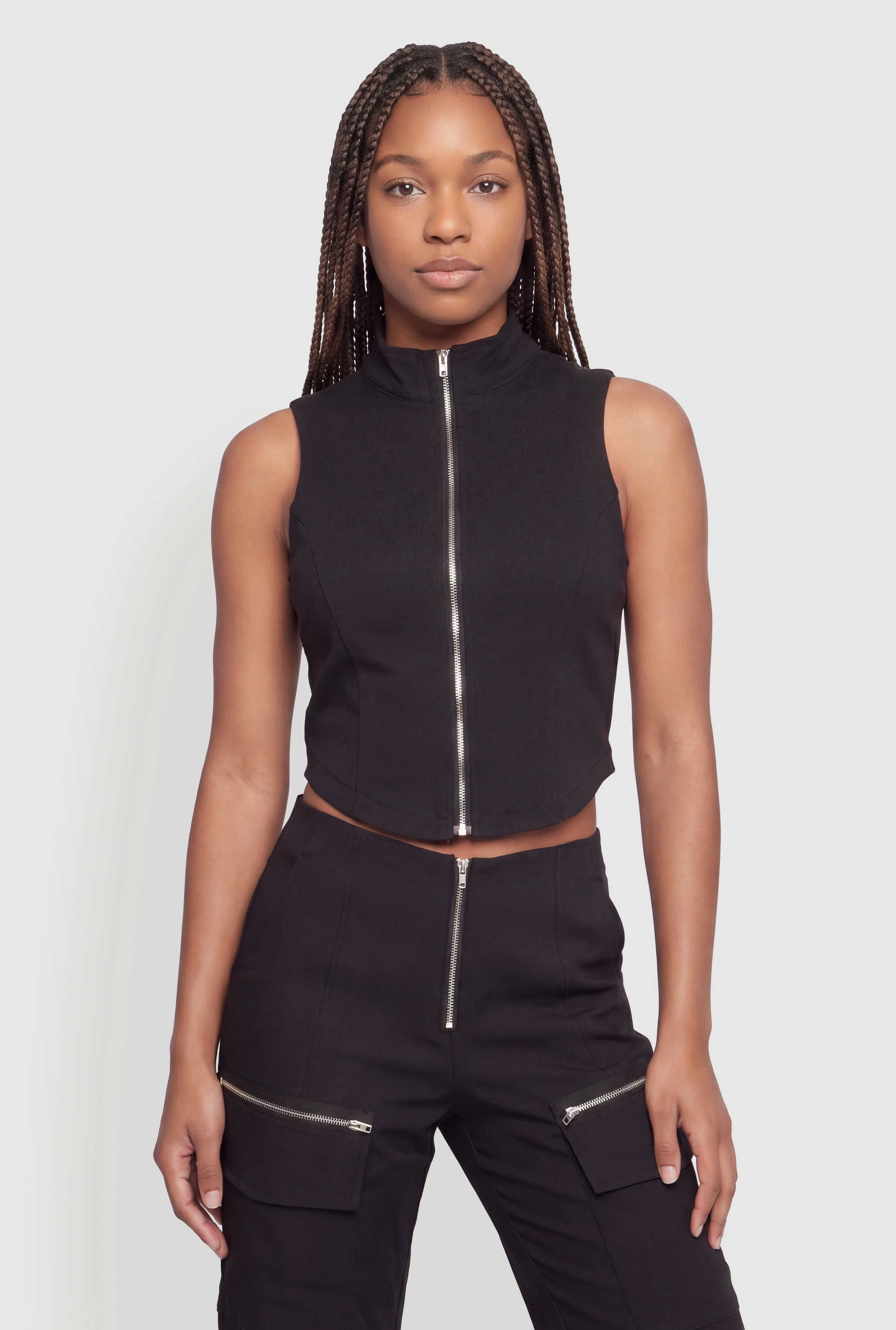 Cropped Mock Neck Zip Front Vest