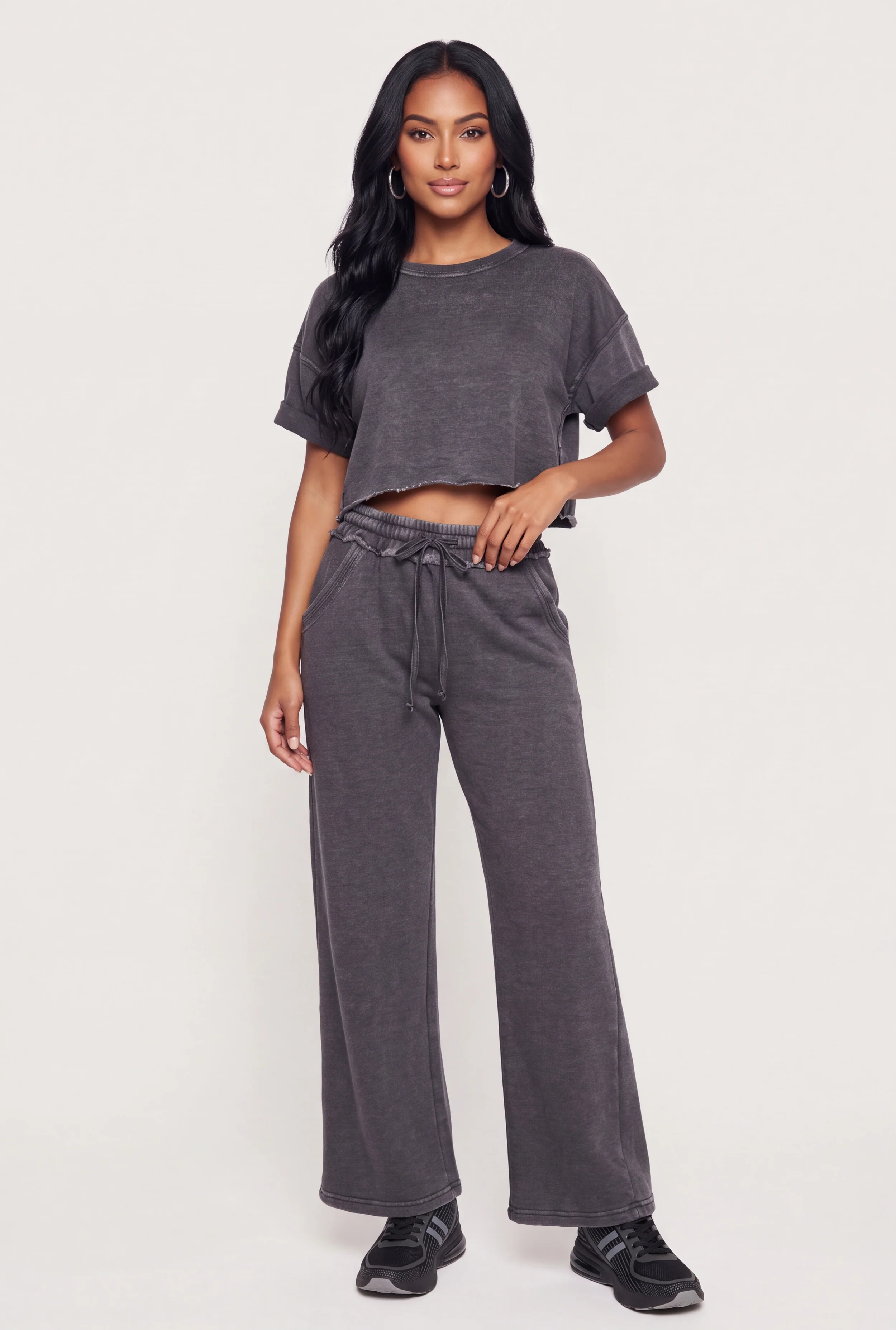 High Waisted Acid Wash Wide Leg Sweatpants