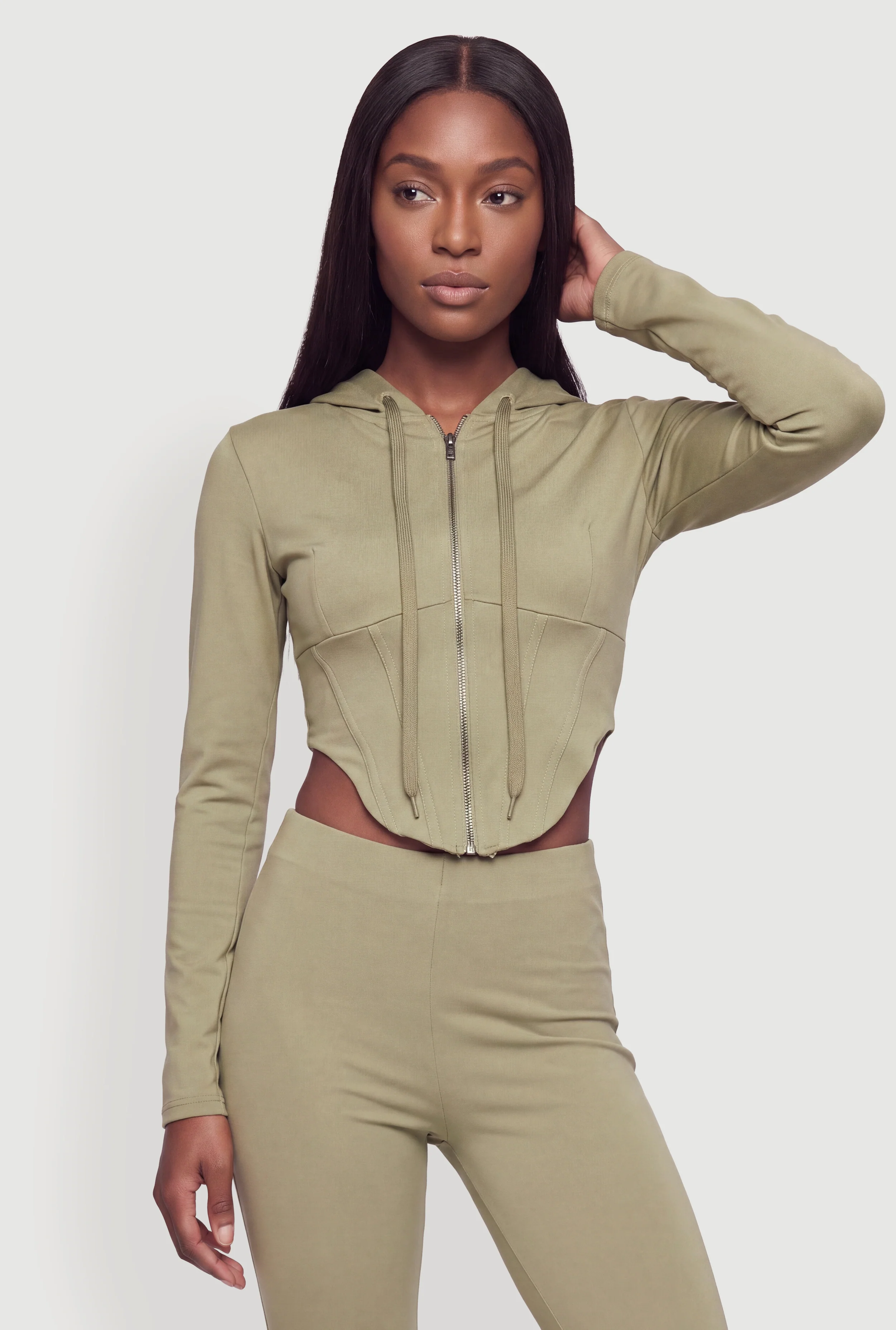 Corset Detail Zip Up Cropped Hoodie