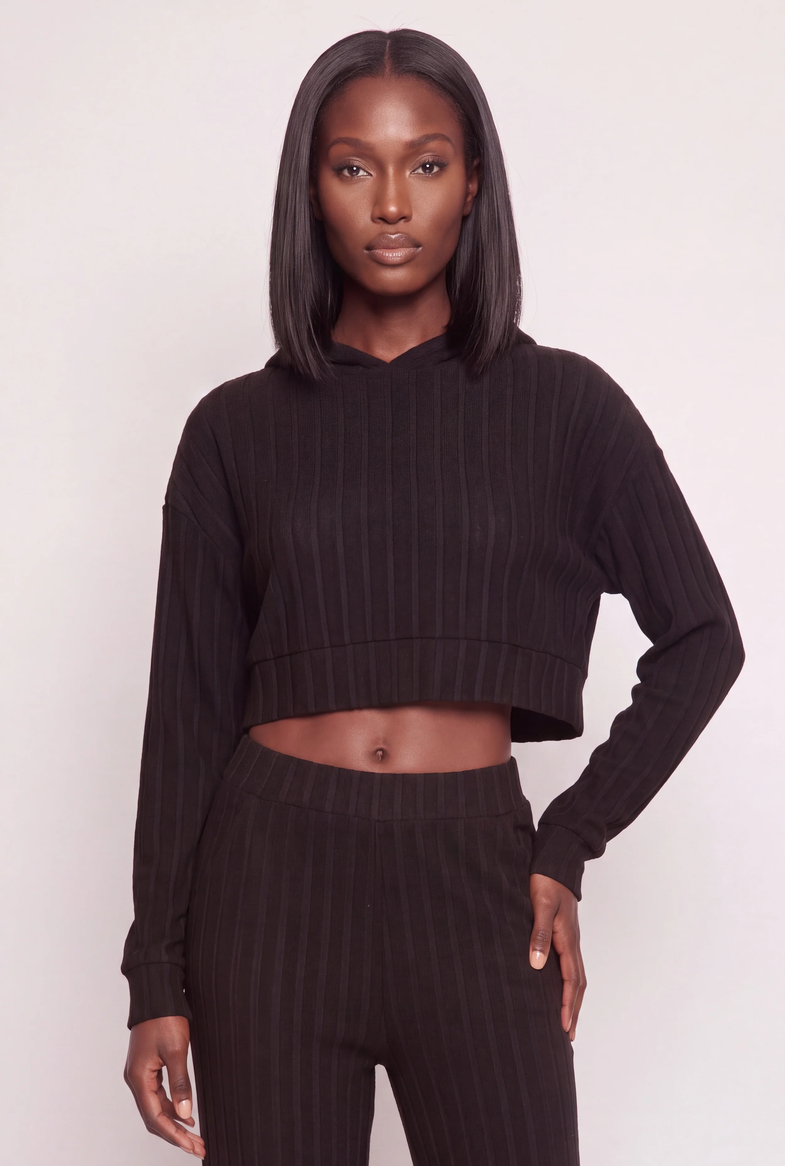 Cropped Brushed Ribbed Knit Hooded Sweater