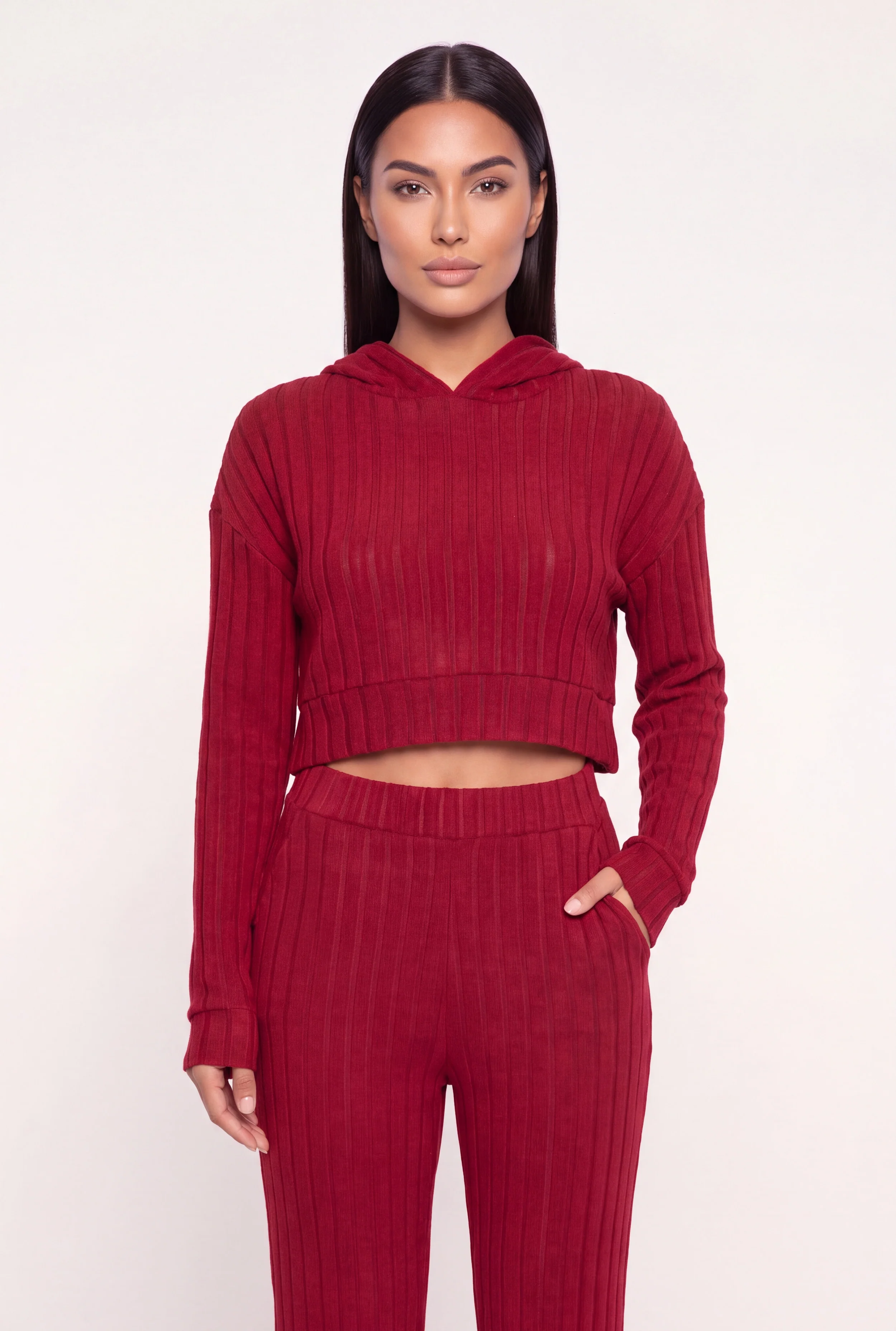 Cropped Brushed Ribbed Knit Hooded Sweater