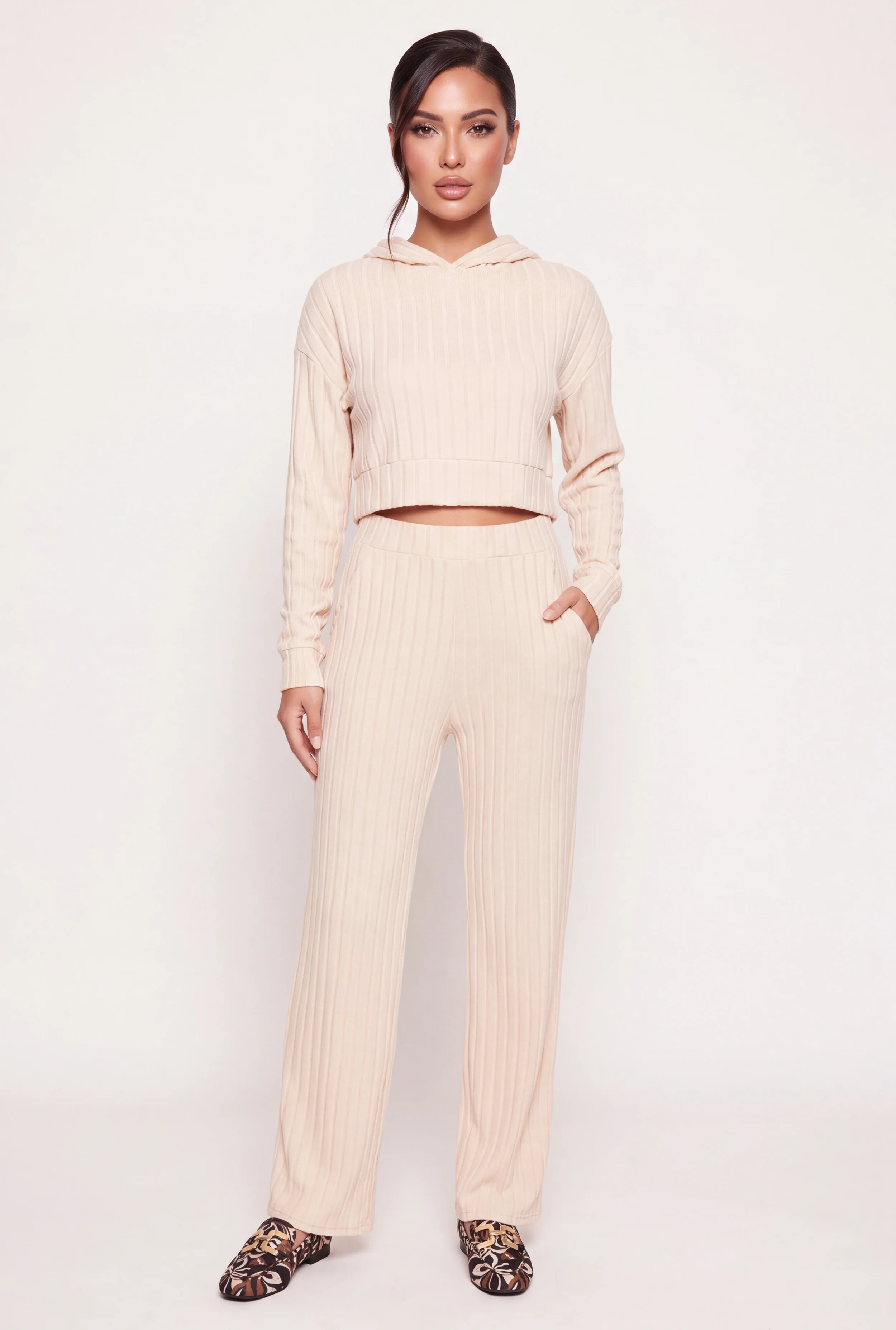 Brushed Ribbed Knit High Waisted Pants
