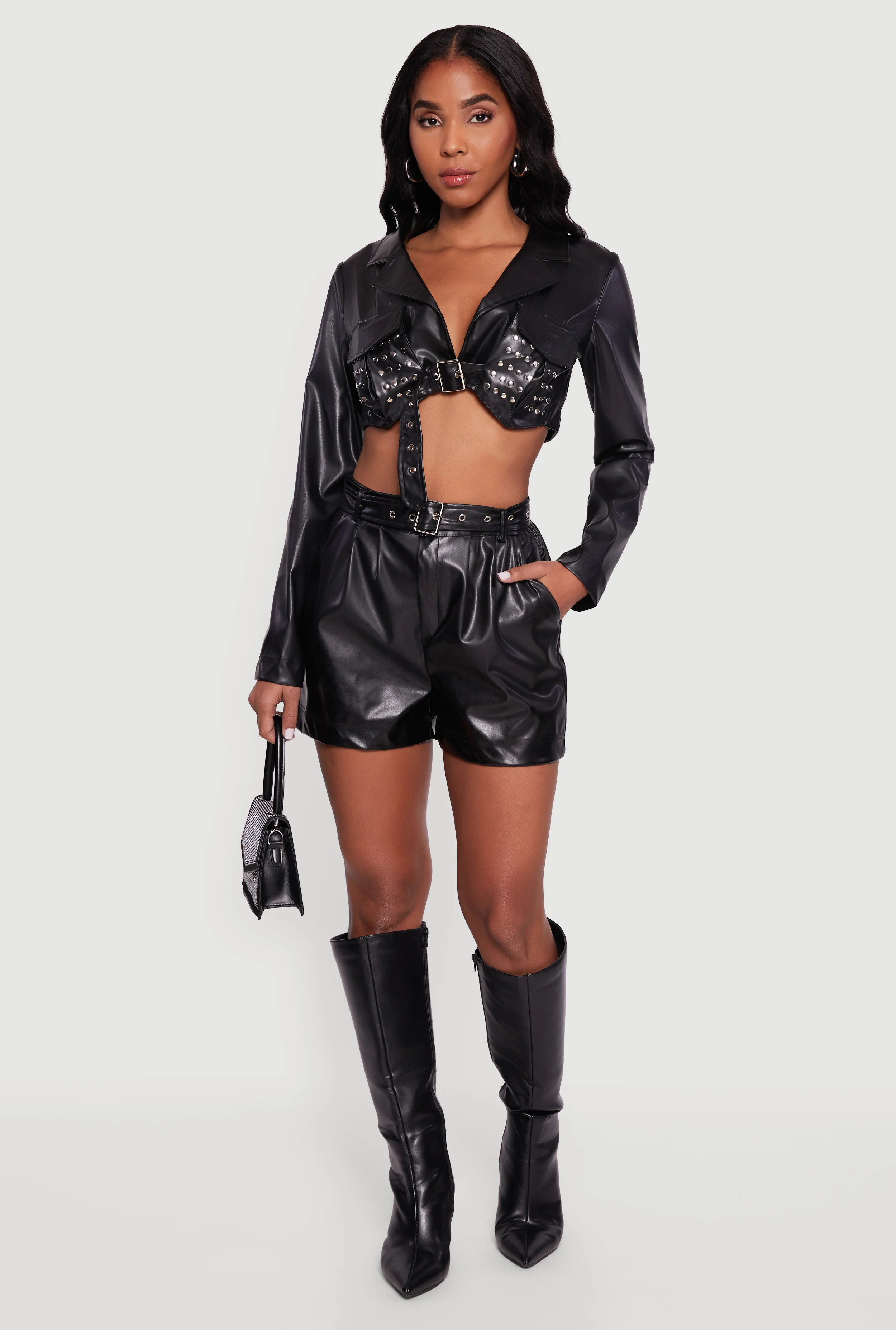 Belted Faux Leather High Waisted Pleated Shorts