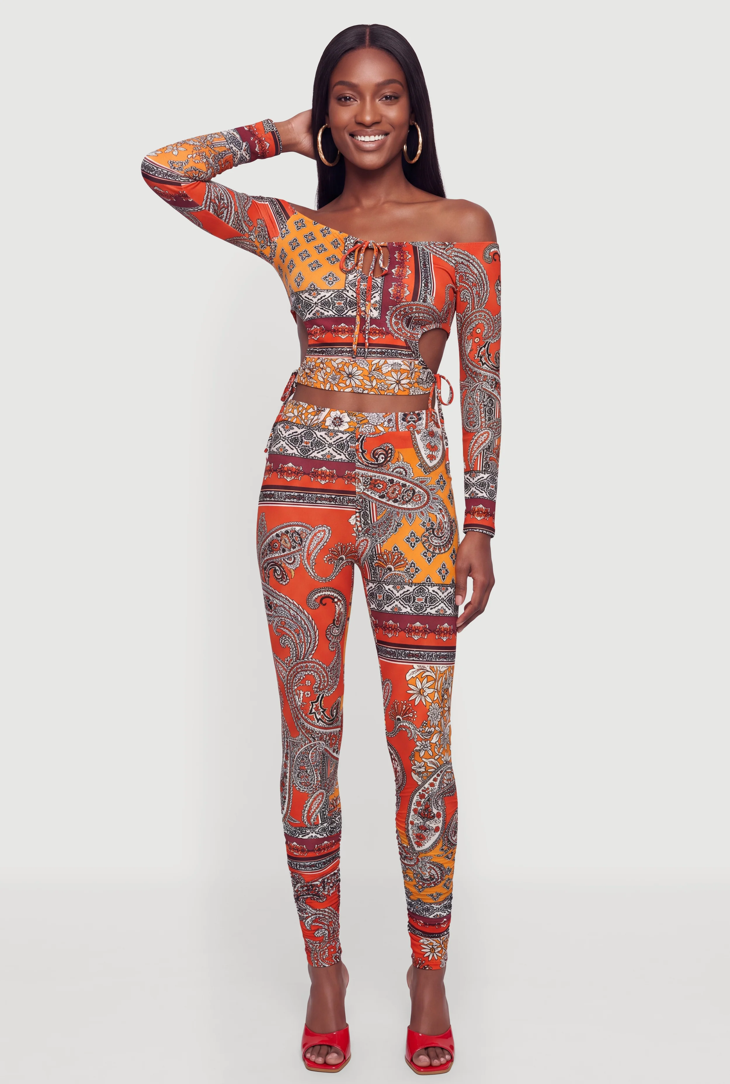 Paisley Print Cutout Off The Shoulder Top and Leggings Set
