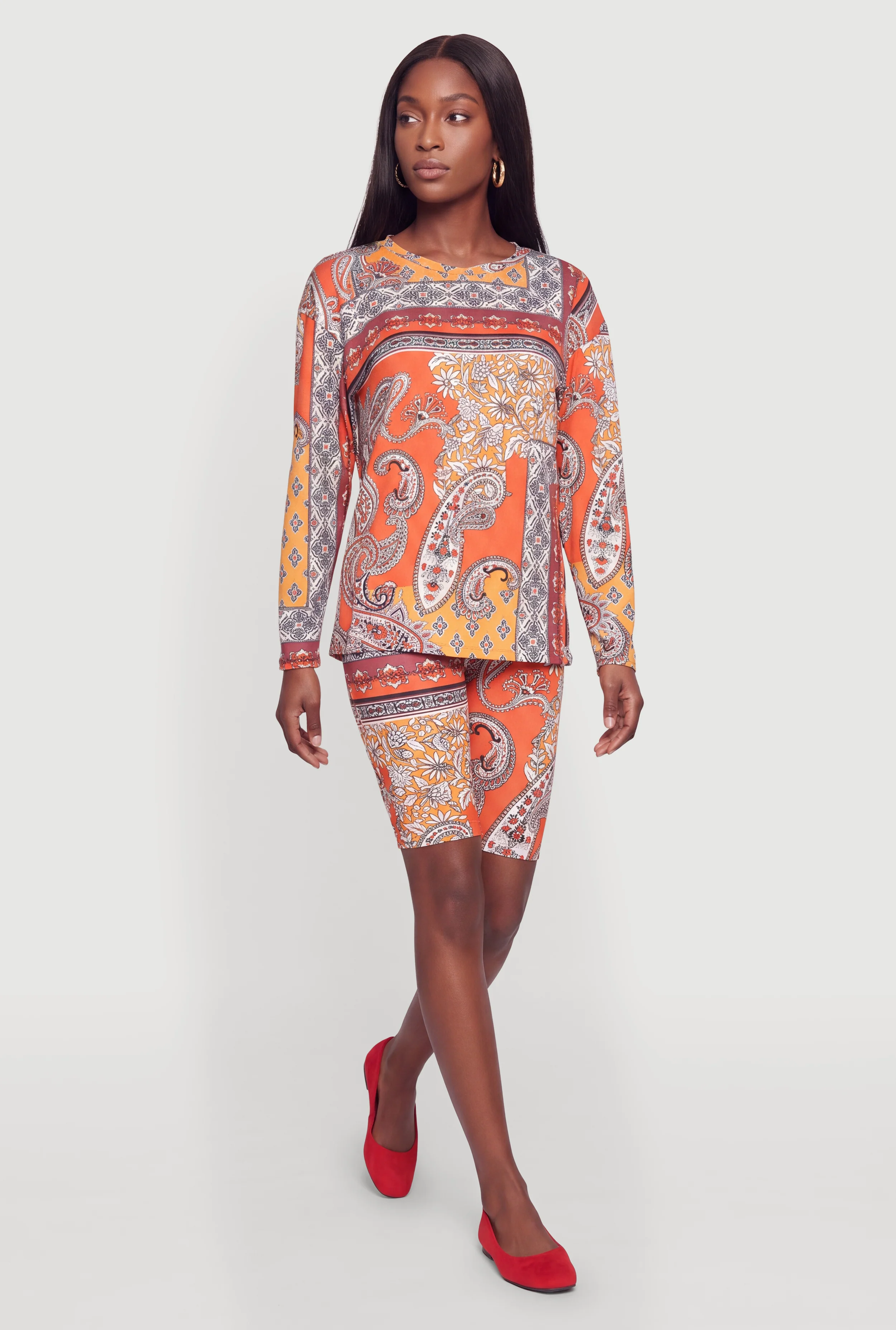 Paisley Long Sleeve Crew Neck Top and Bermuda Shorts