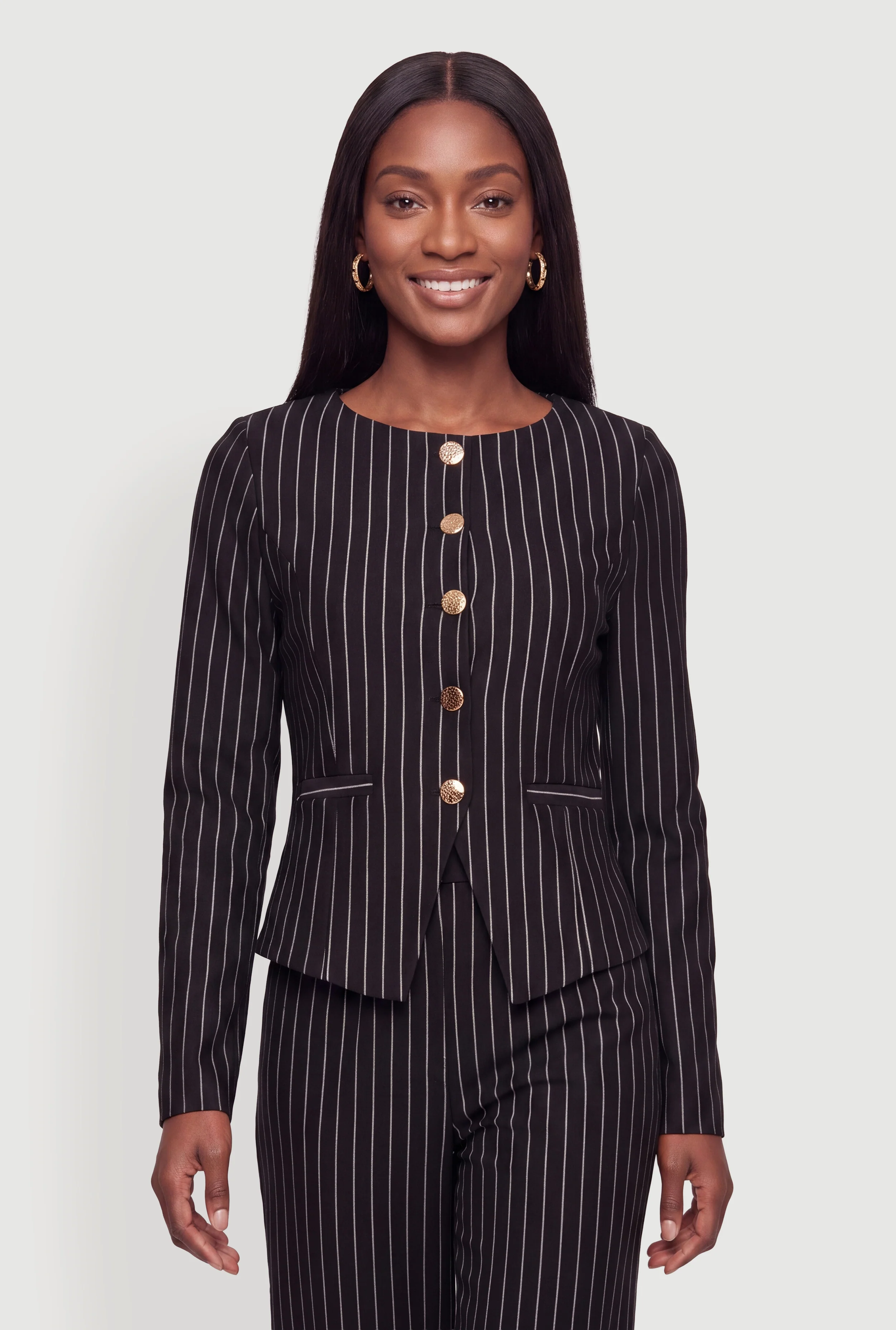 Pinstripe Button Front Slit Hem Blazer