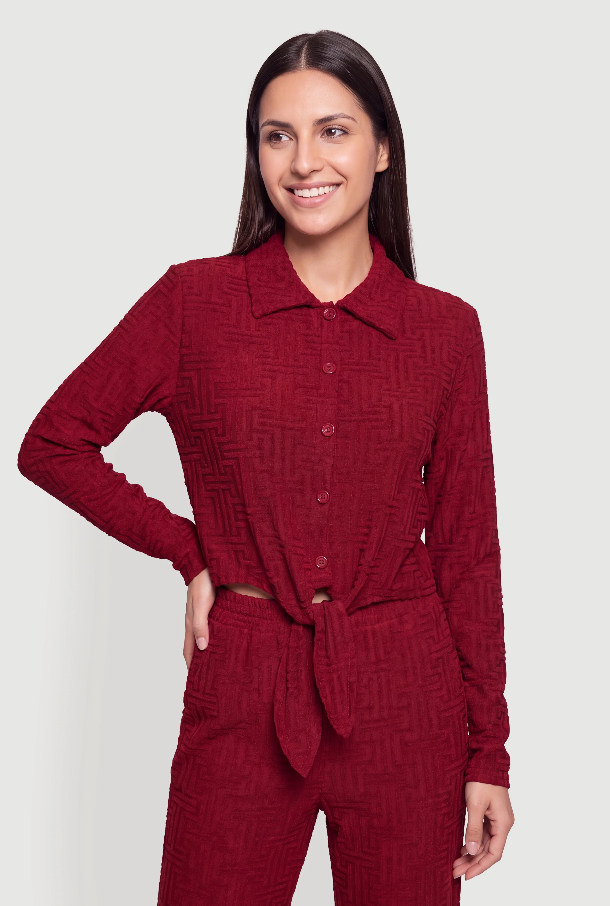 Long Sleeve Geometric Patterned Knot Front Crop Top