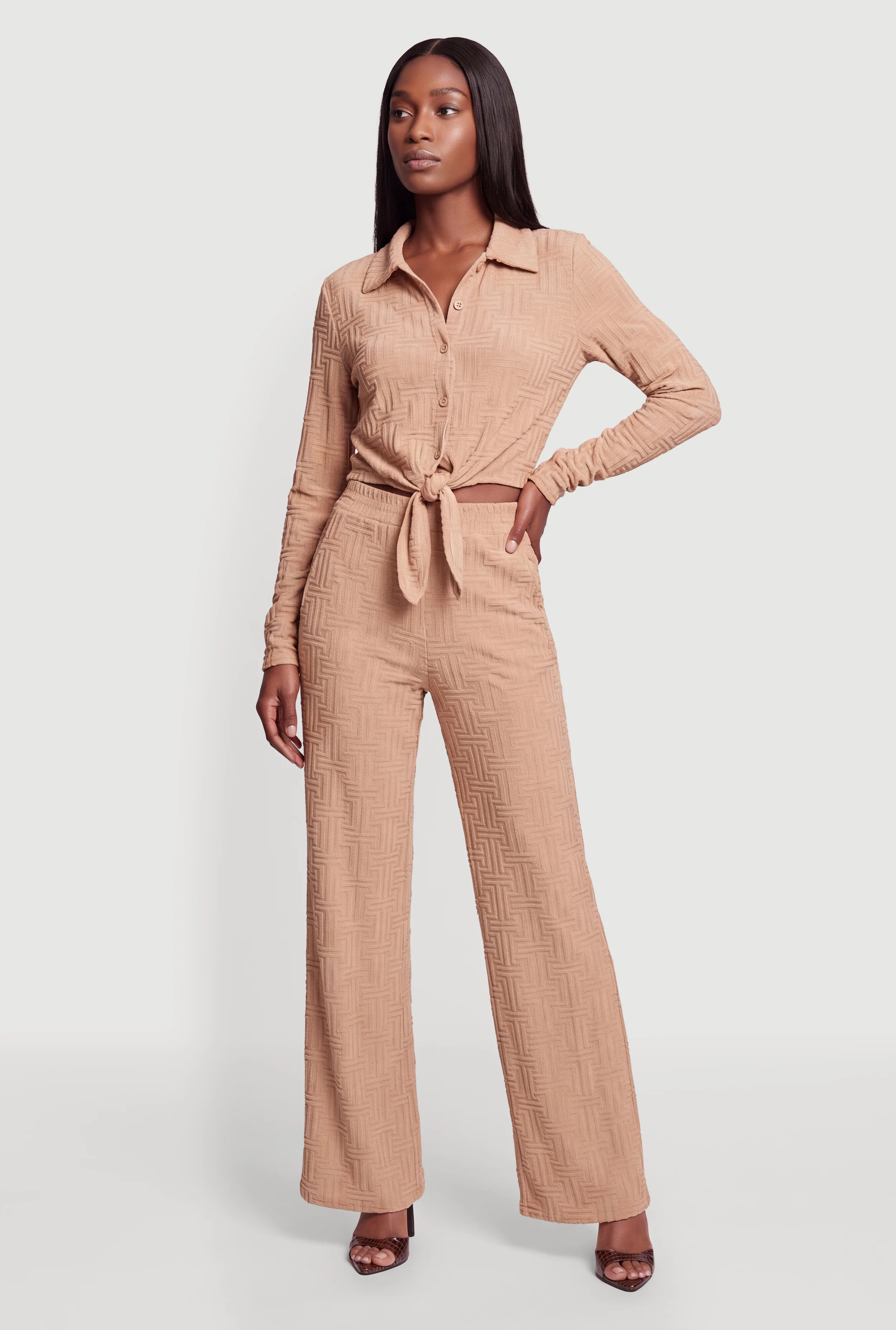 High Waisted Geometric Pattern Wide Leg Pull On Pants