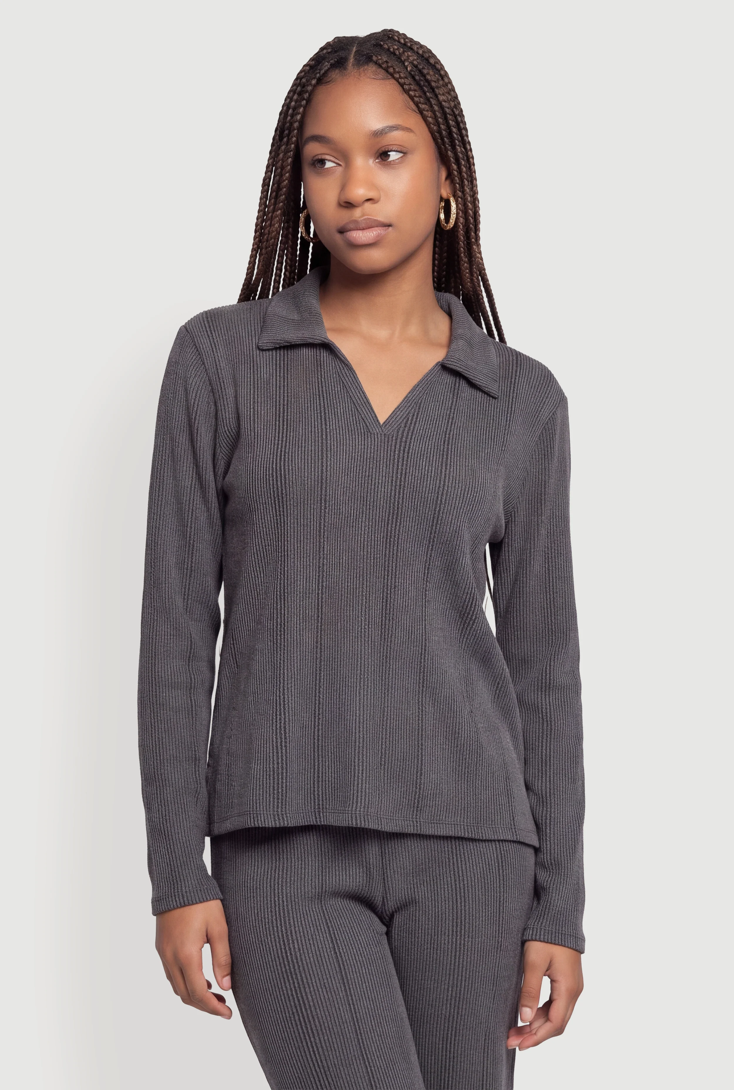 Ribbed Knit Side Slit Polo Top