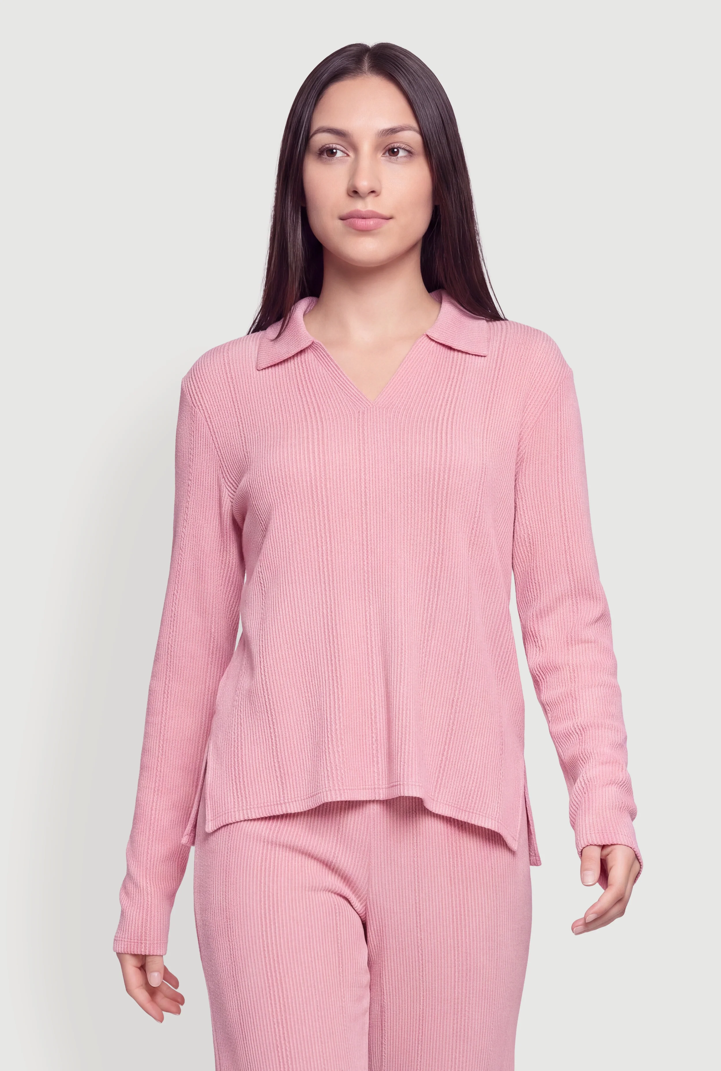 Ribbed Knit Side Slit Polo Top