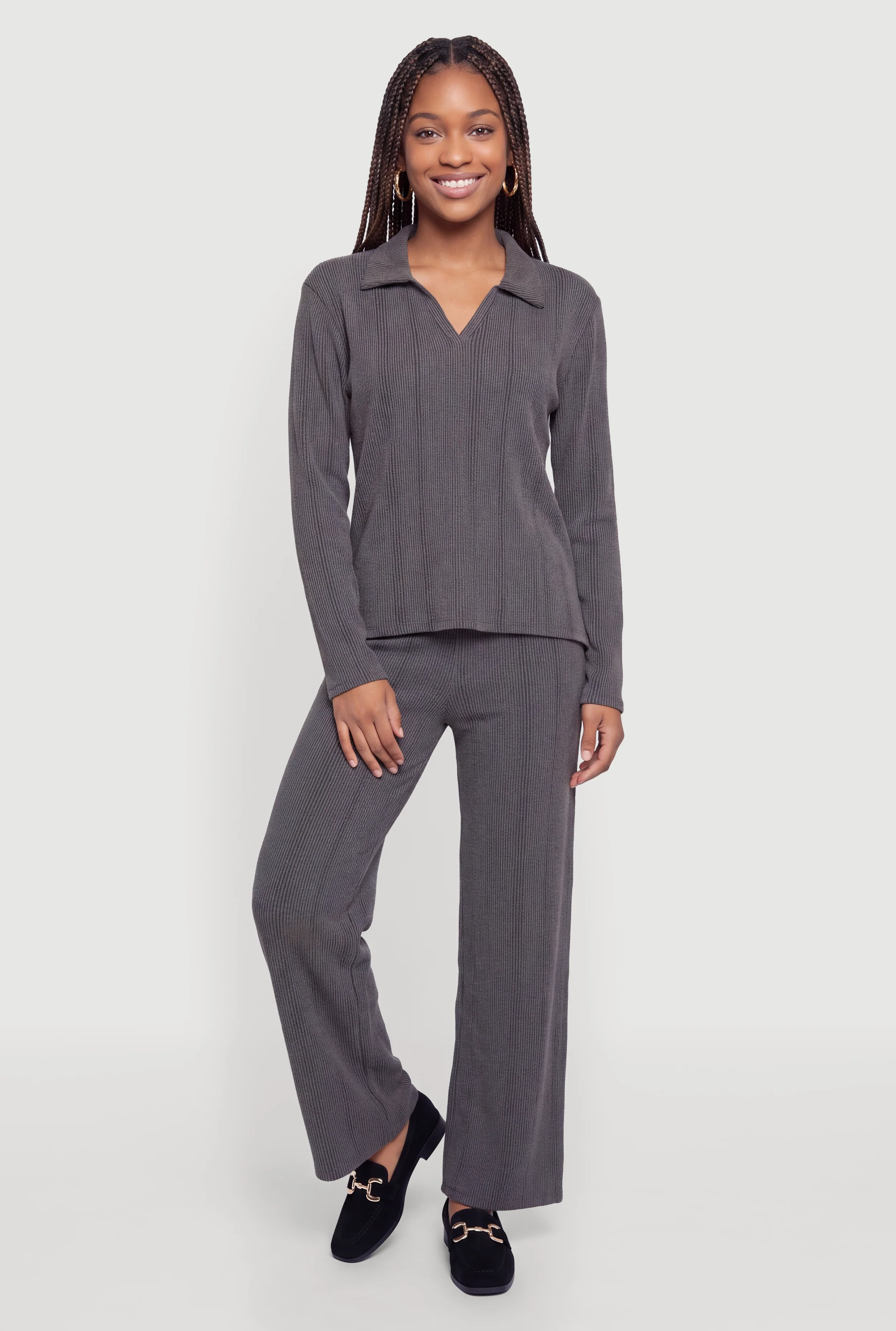 Ribbed Knit High Waisted Straight Leg Pants