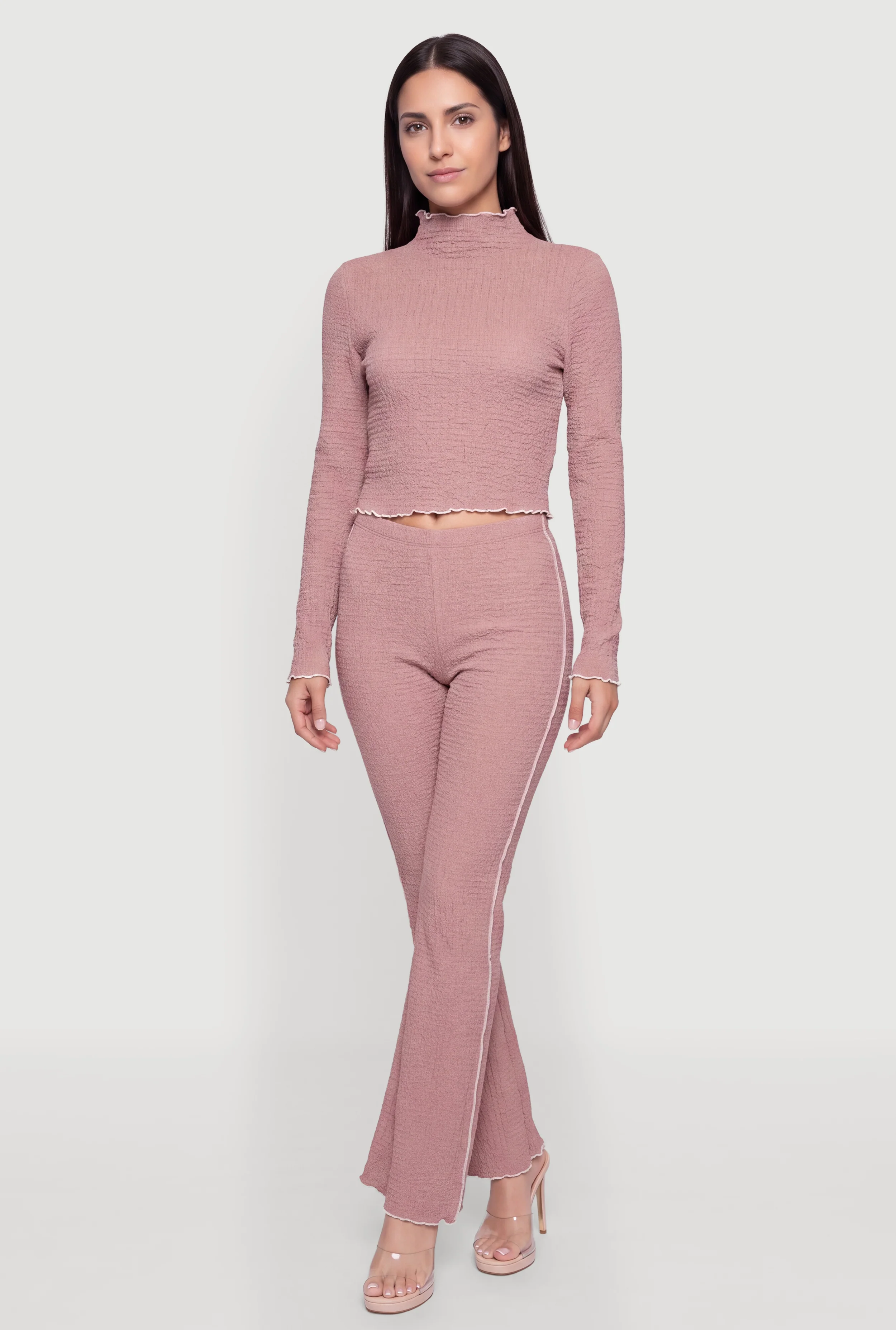 Contrast Trim Textured Knit Flare Leg Pants