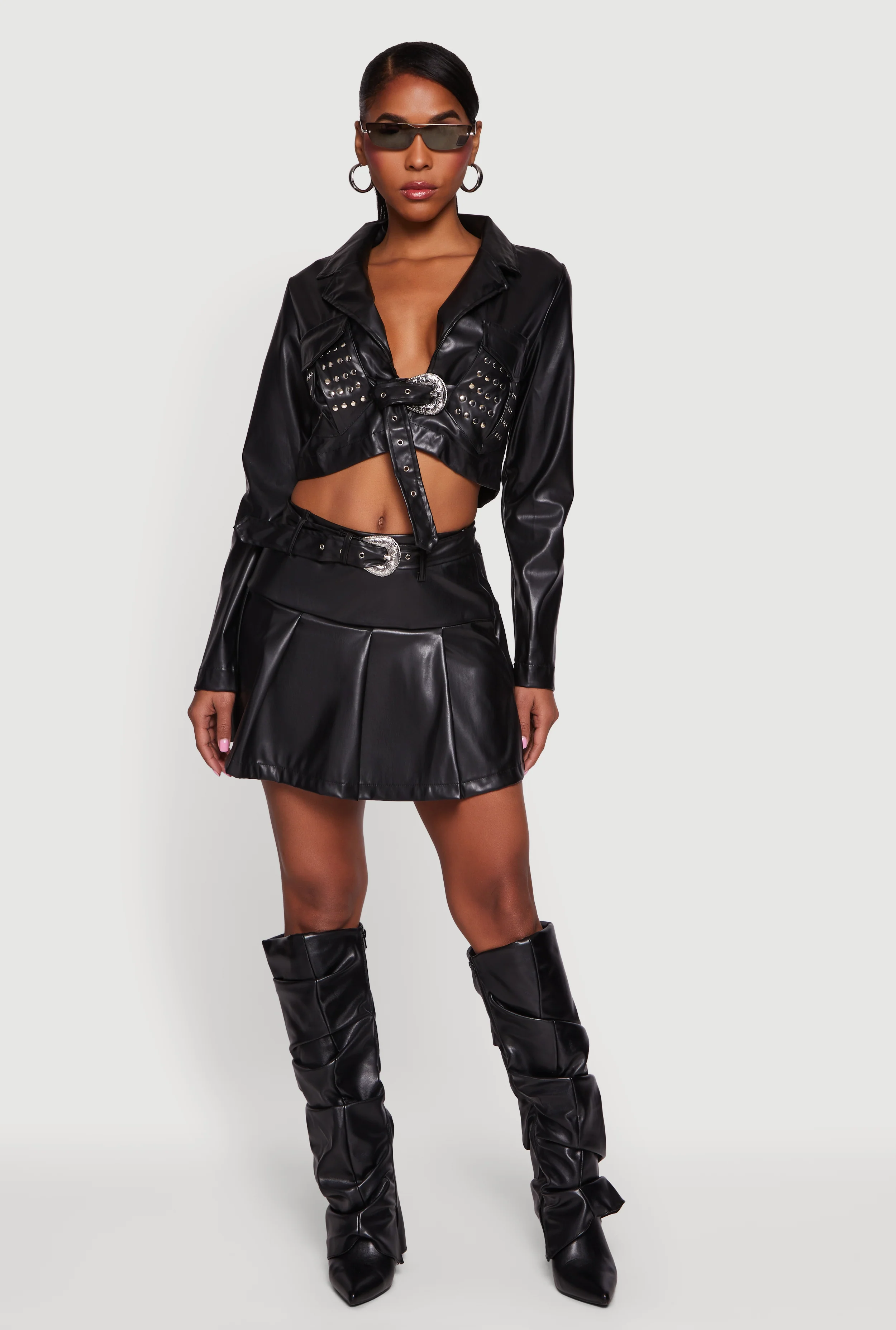 Belted Faux Leather Drop Waist Pleated Skirt