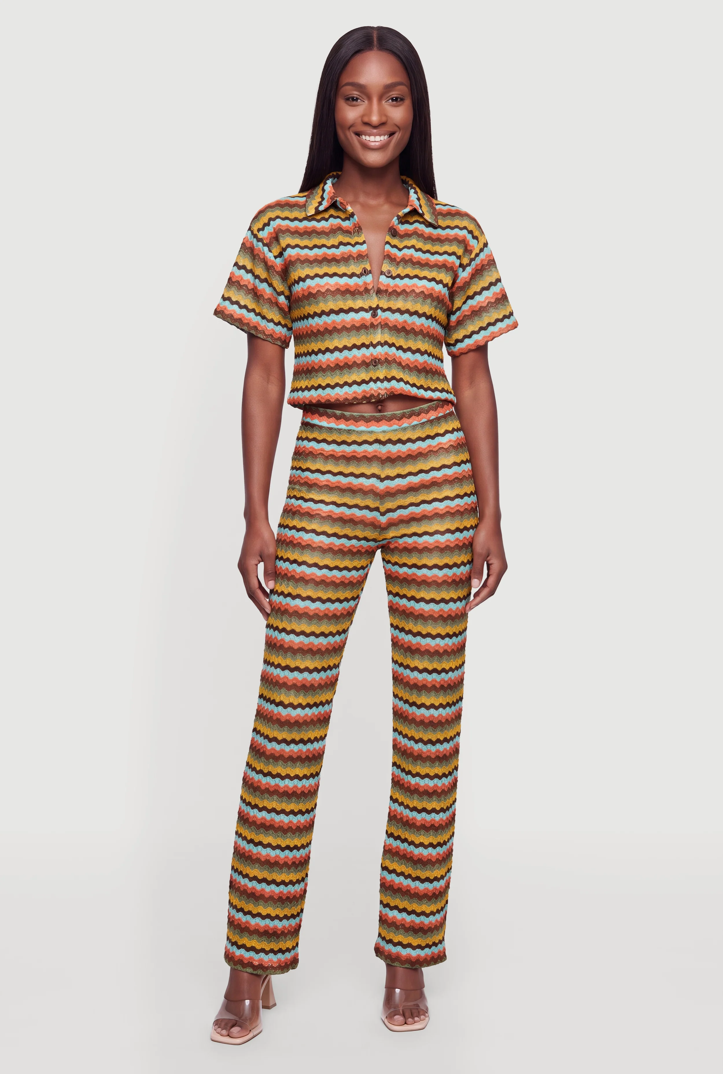 Chevron Striped Textured Knit Straight Leg Pants