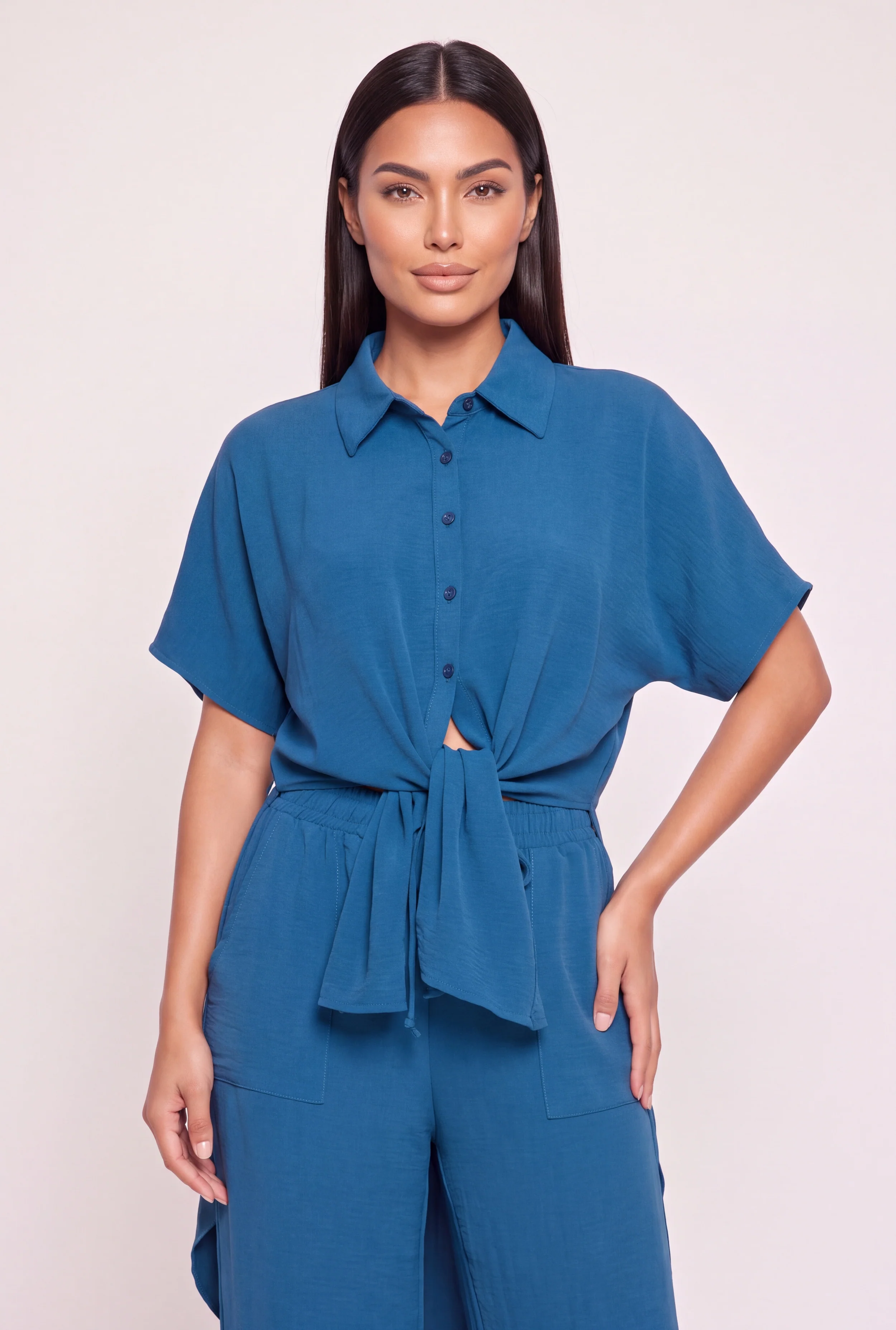 Airy Crepe Knit Tie Front High Low Shirt