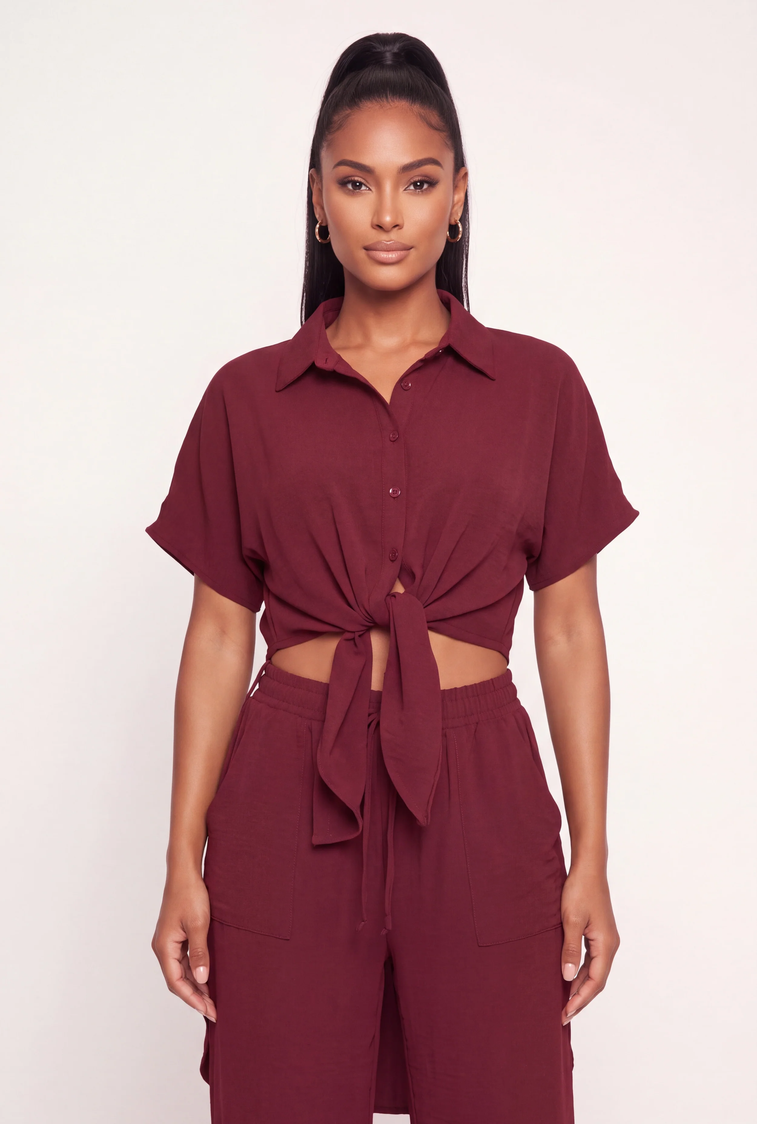 Airy Crepe Knit Tie Front High Low Shirt