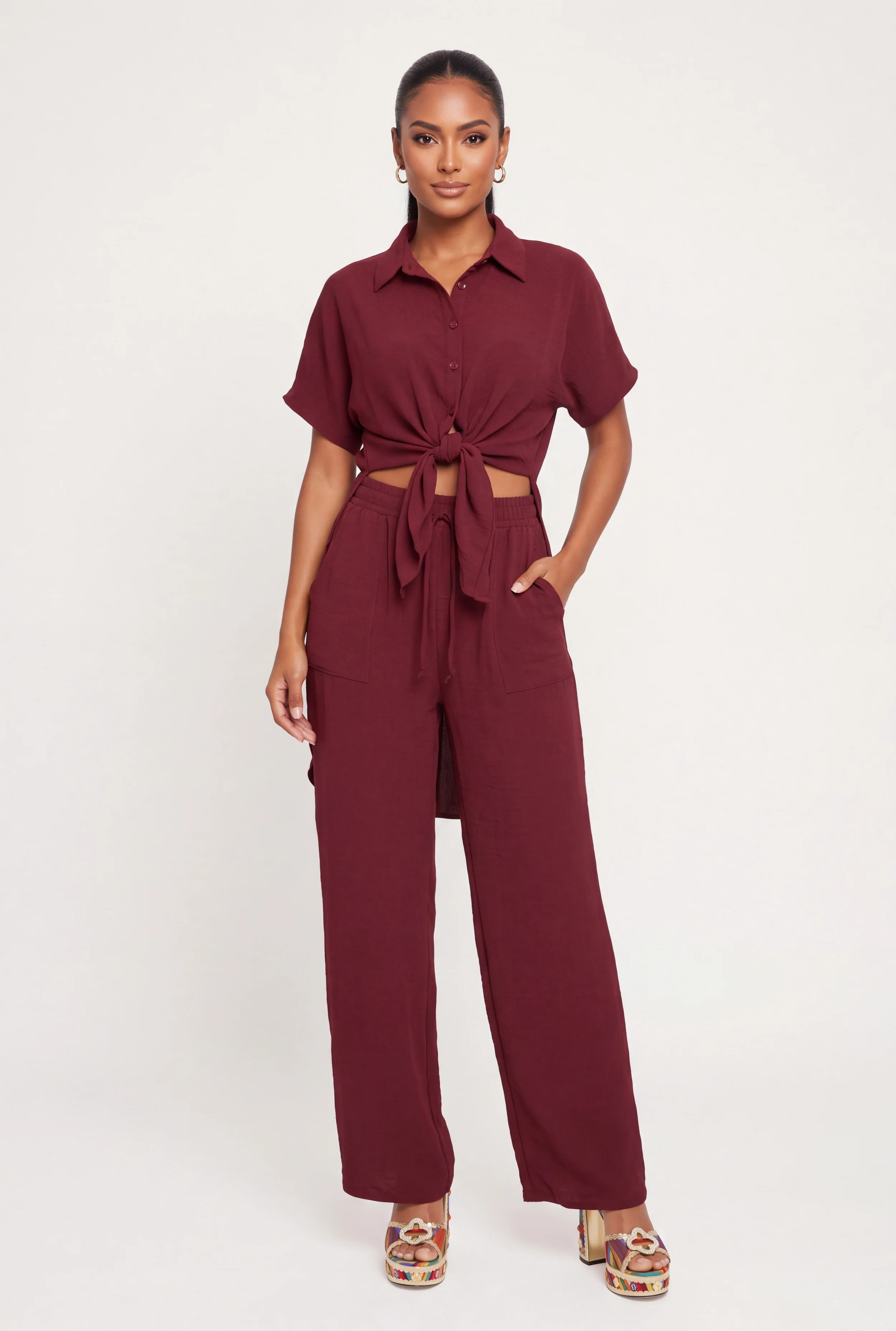 Faux Drawstring Waist Wide Leg Crepe Knit Casual Pants