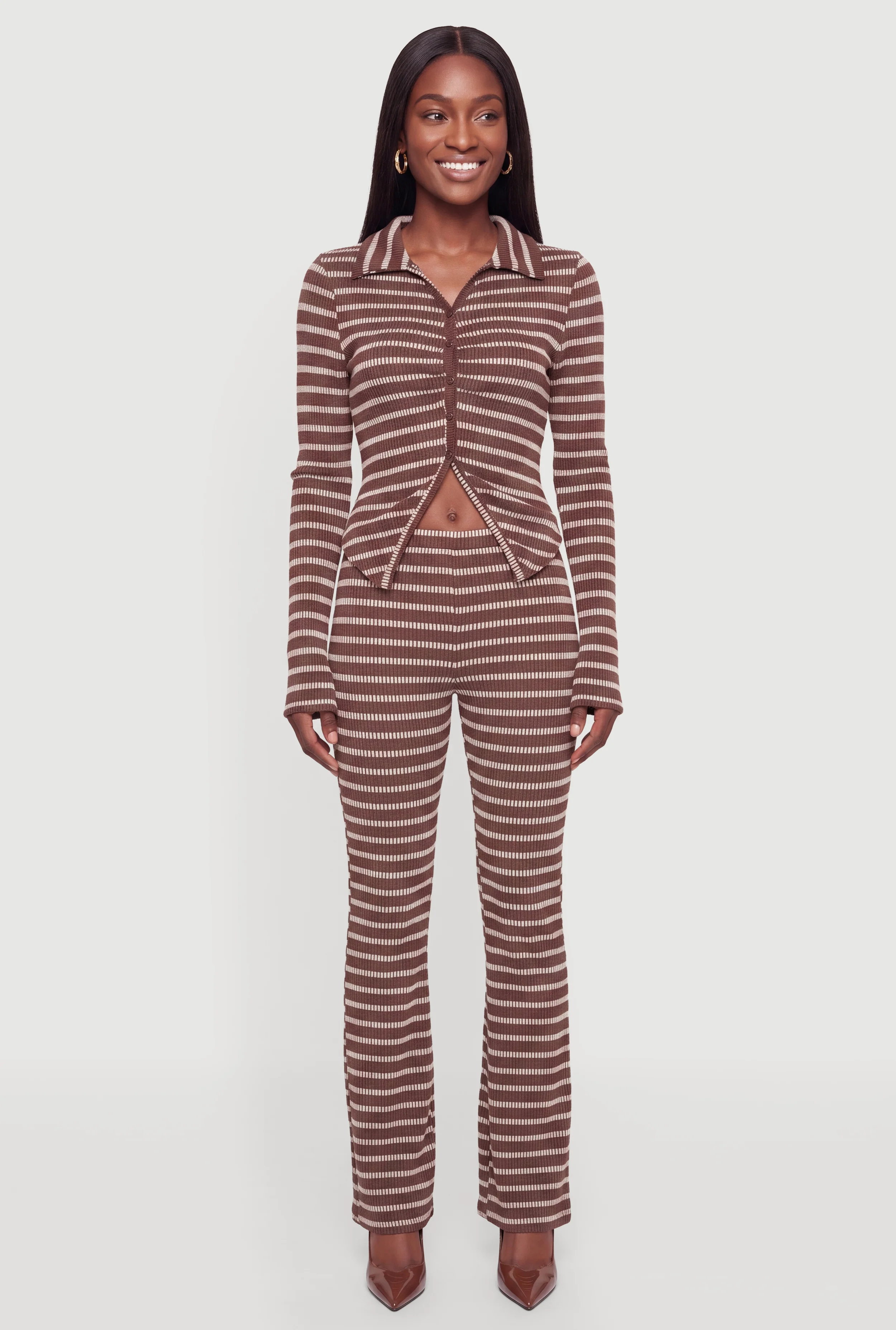 Striped Ribbed Knit Slim Straight Leg Pants