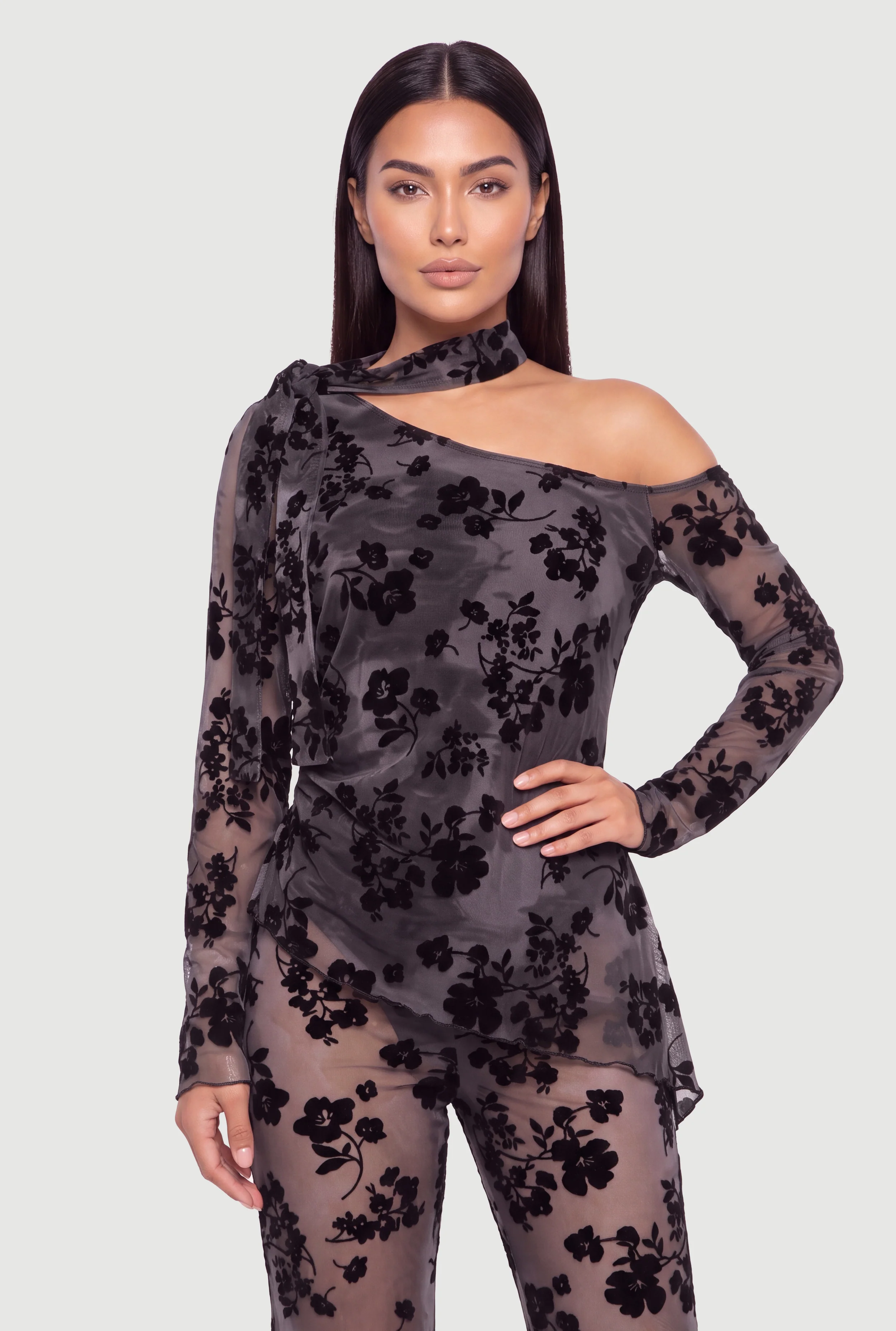 Floral Velvet Burnout One Shoulder Scarf Top