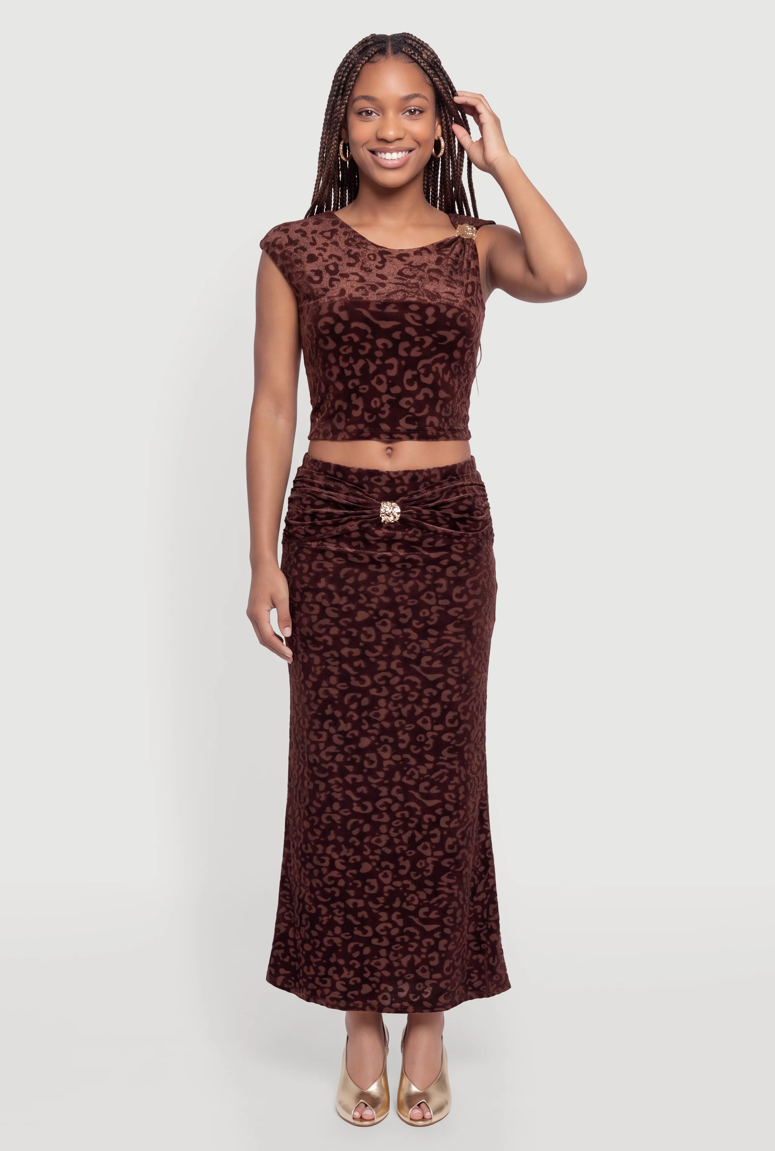 Leopard Velvet Burnout Metallic Detail Maxi Skirt