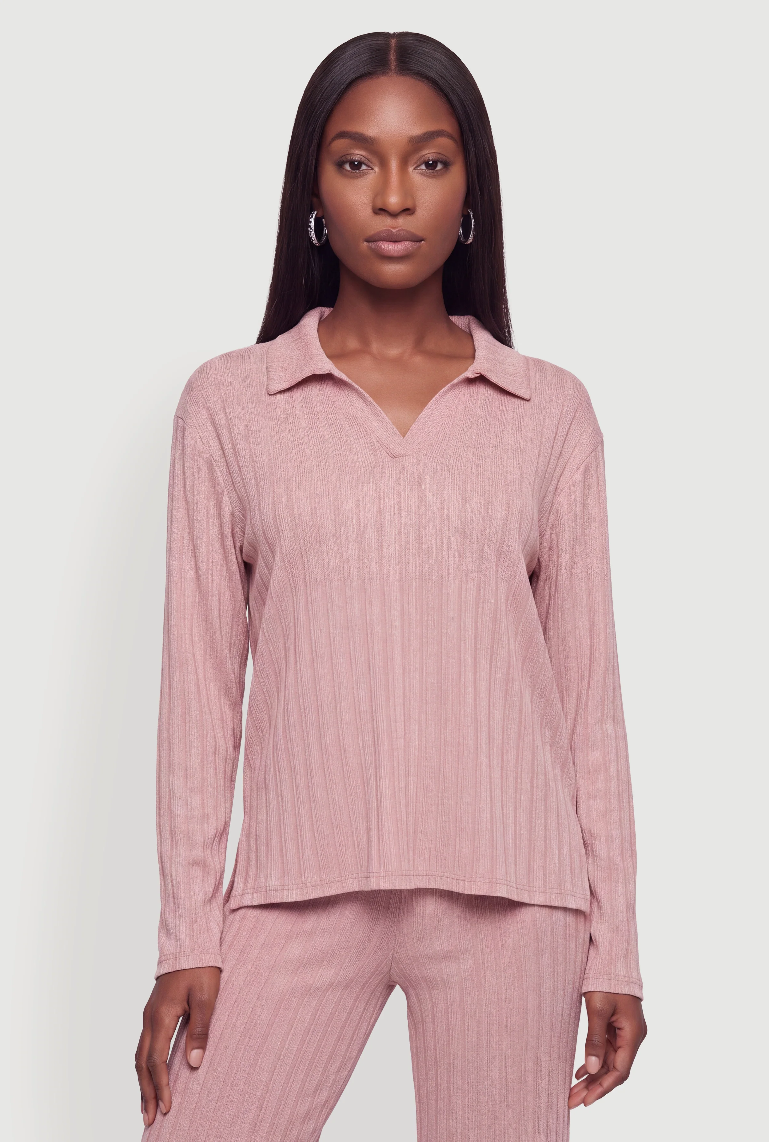 Johnny Collar Ribbed Knit Long Sleeve Polo Top