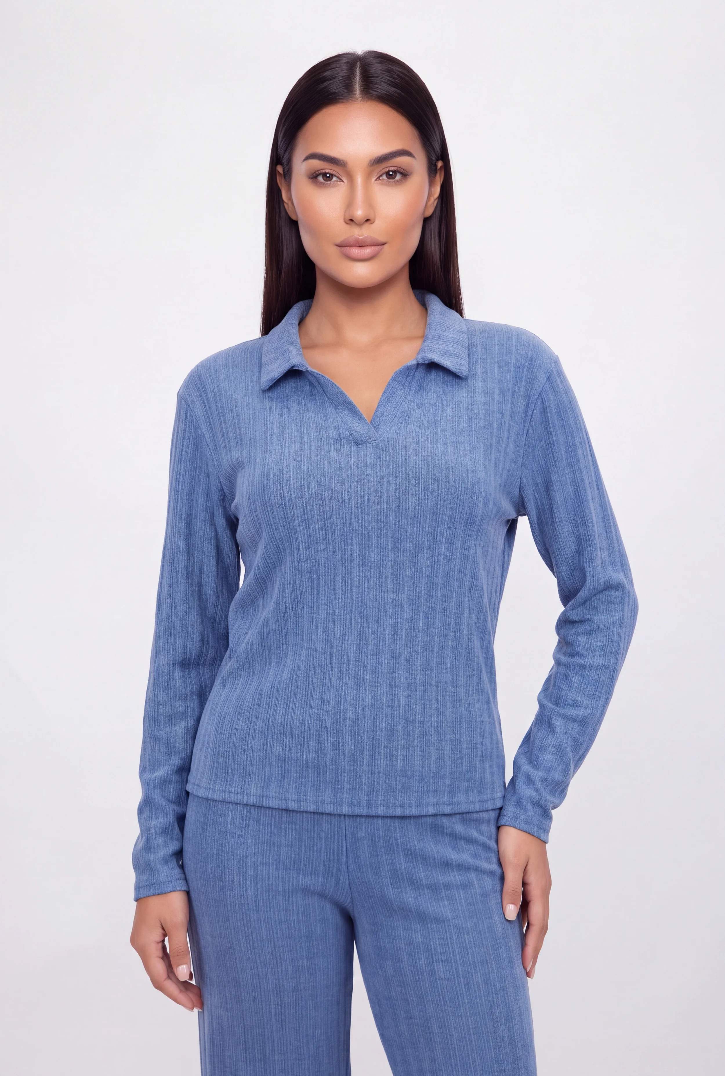 Johnny Collar Ribbed Knit Long Sleeve Polo Top
