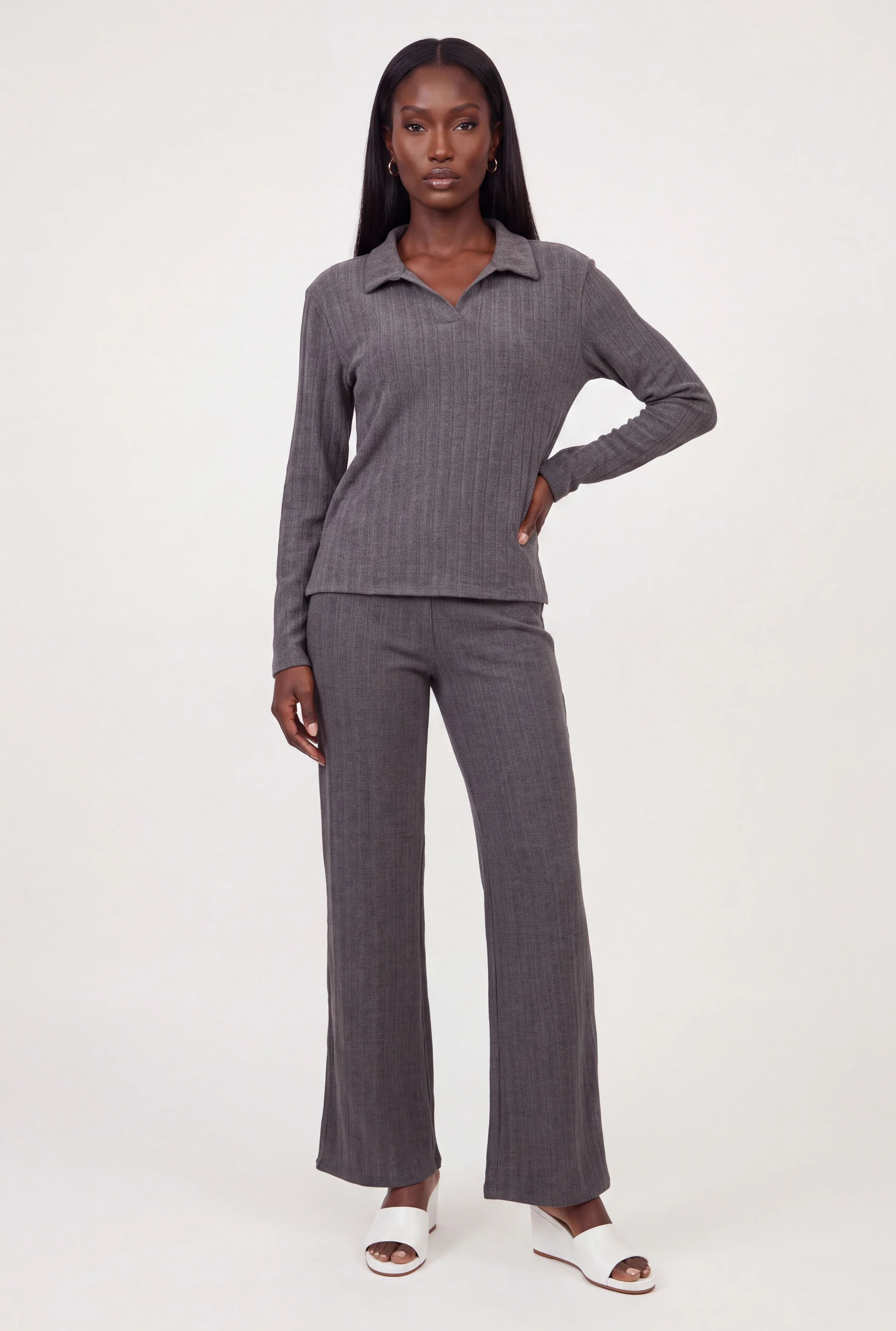 Brushed Ribbed Knit Pull On Pants
