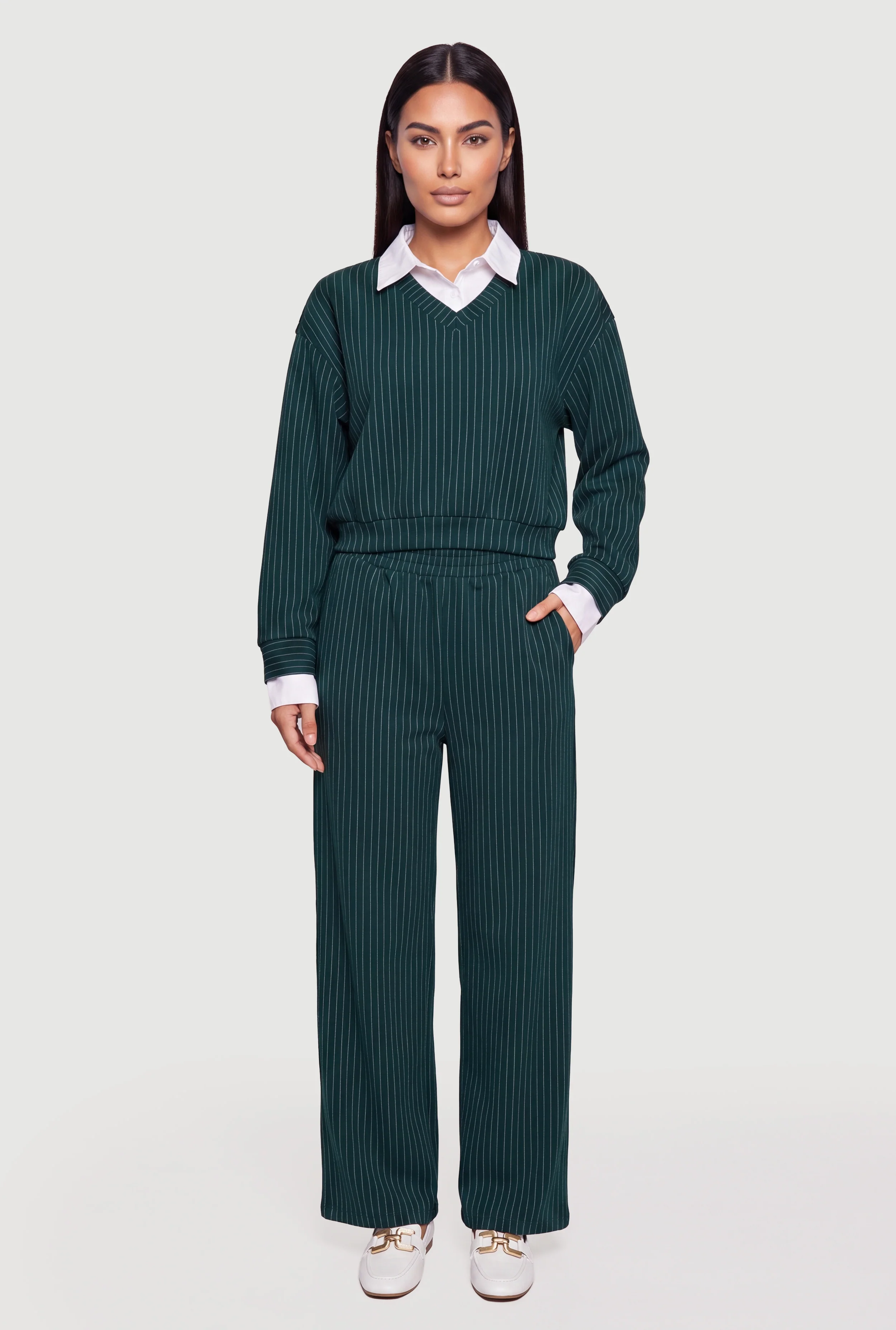 Pinstripe Wide Leg Mid Rise Pull On Pants