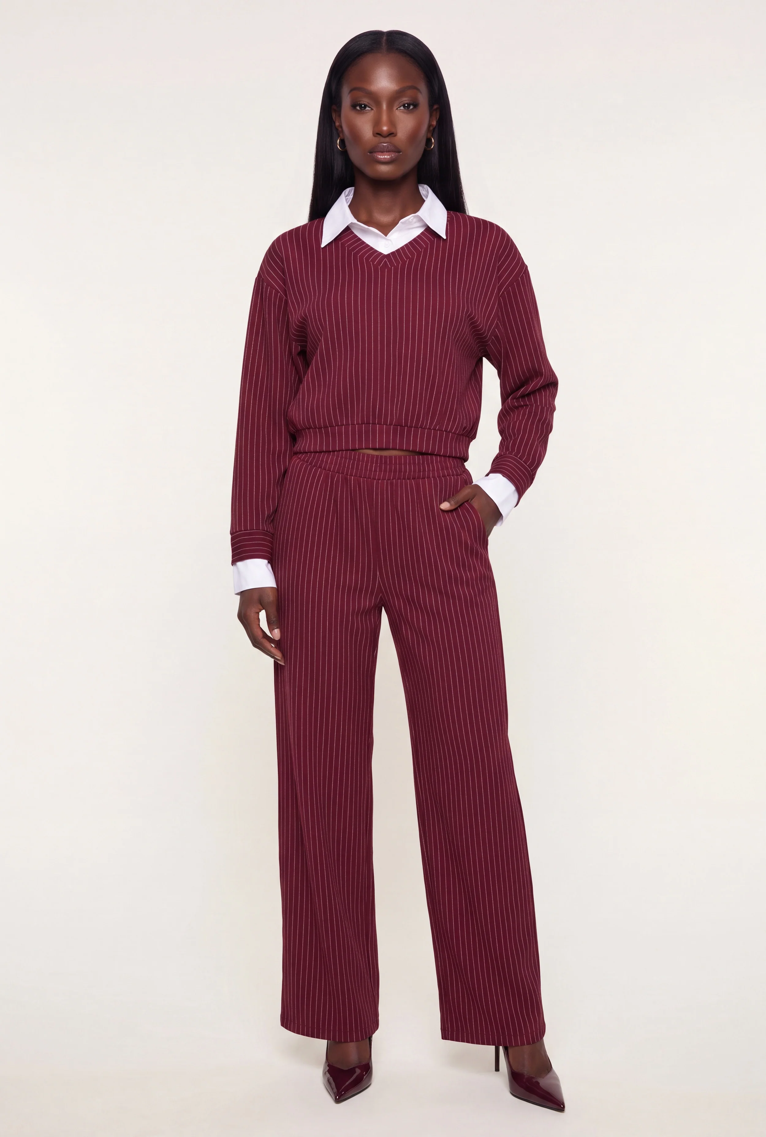 Pinstripe Wide Leg Mid Rise Pull On Pants