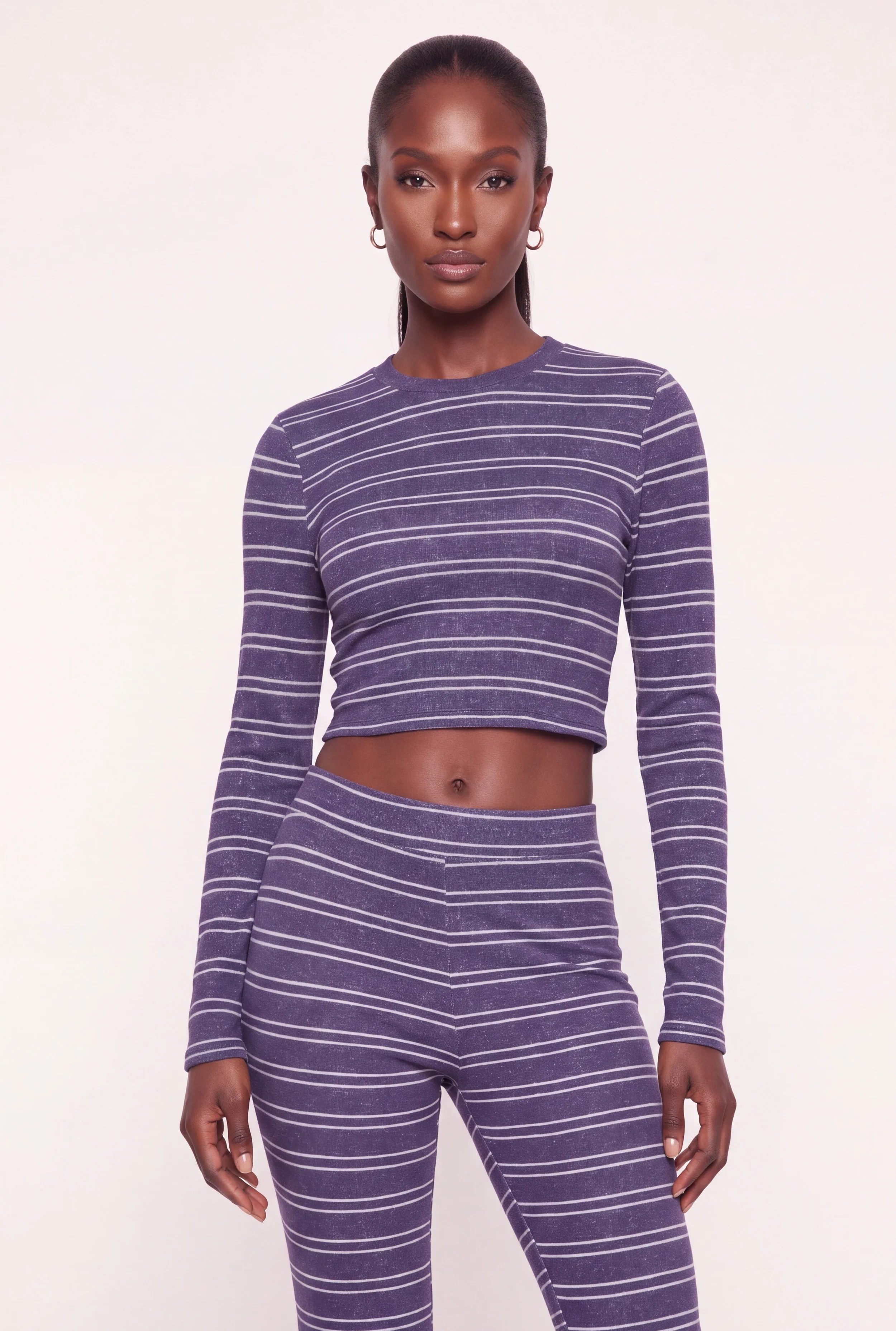 Striped Long Sleeve Crew Neck Crop Top