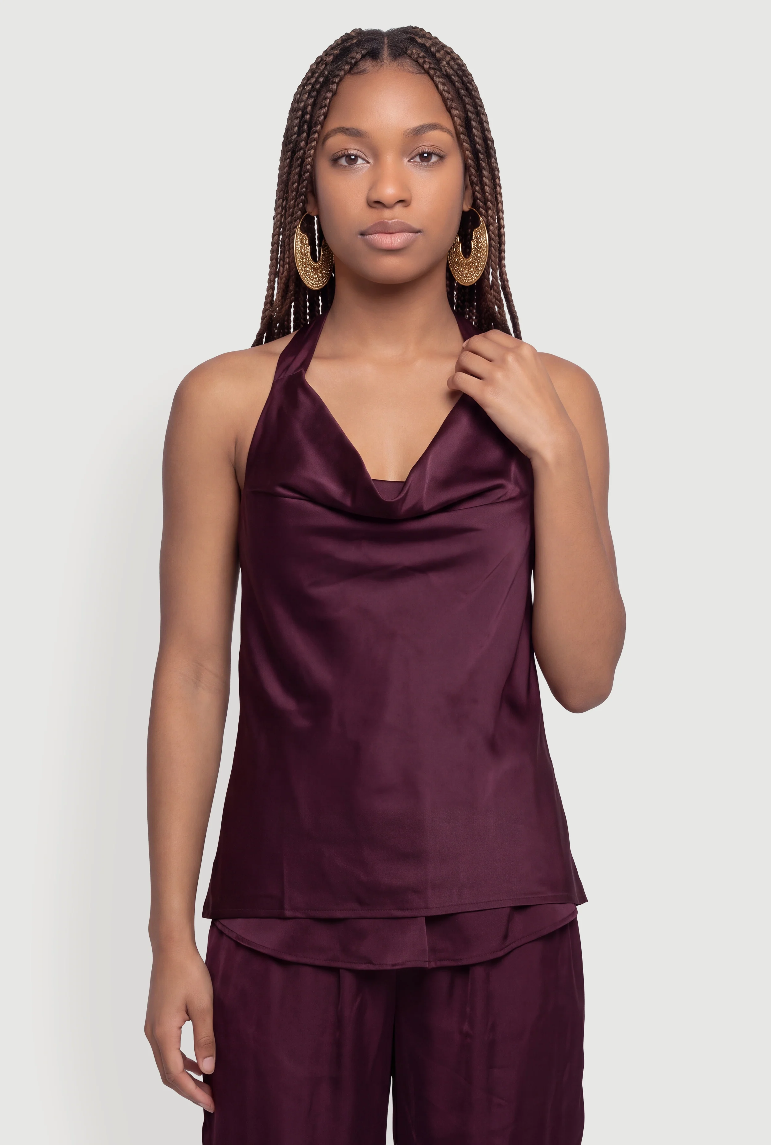 Satin Tie Back Cowl Neck Halter Top