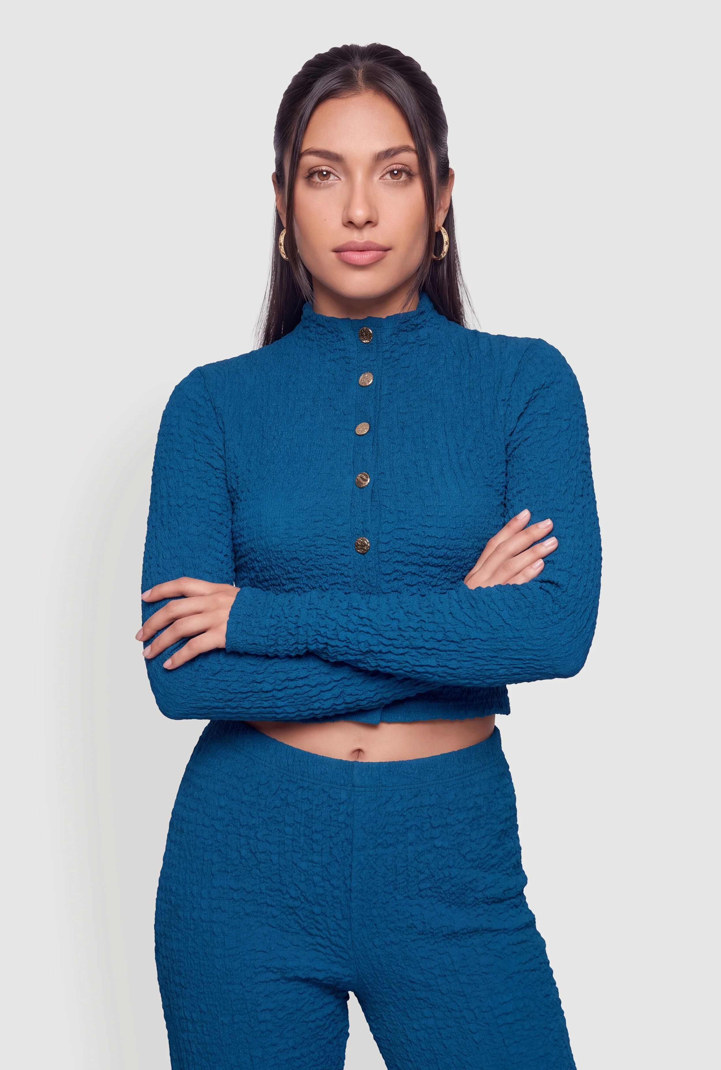 Textured Knit Long Sleeve Button Front Crop Top
