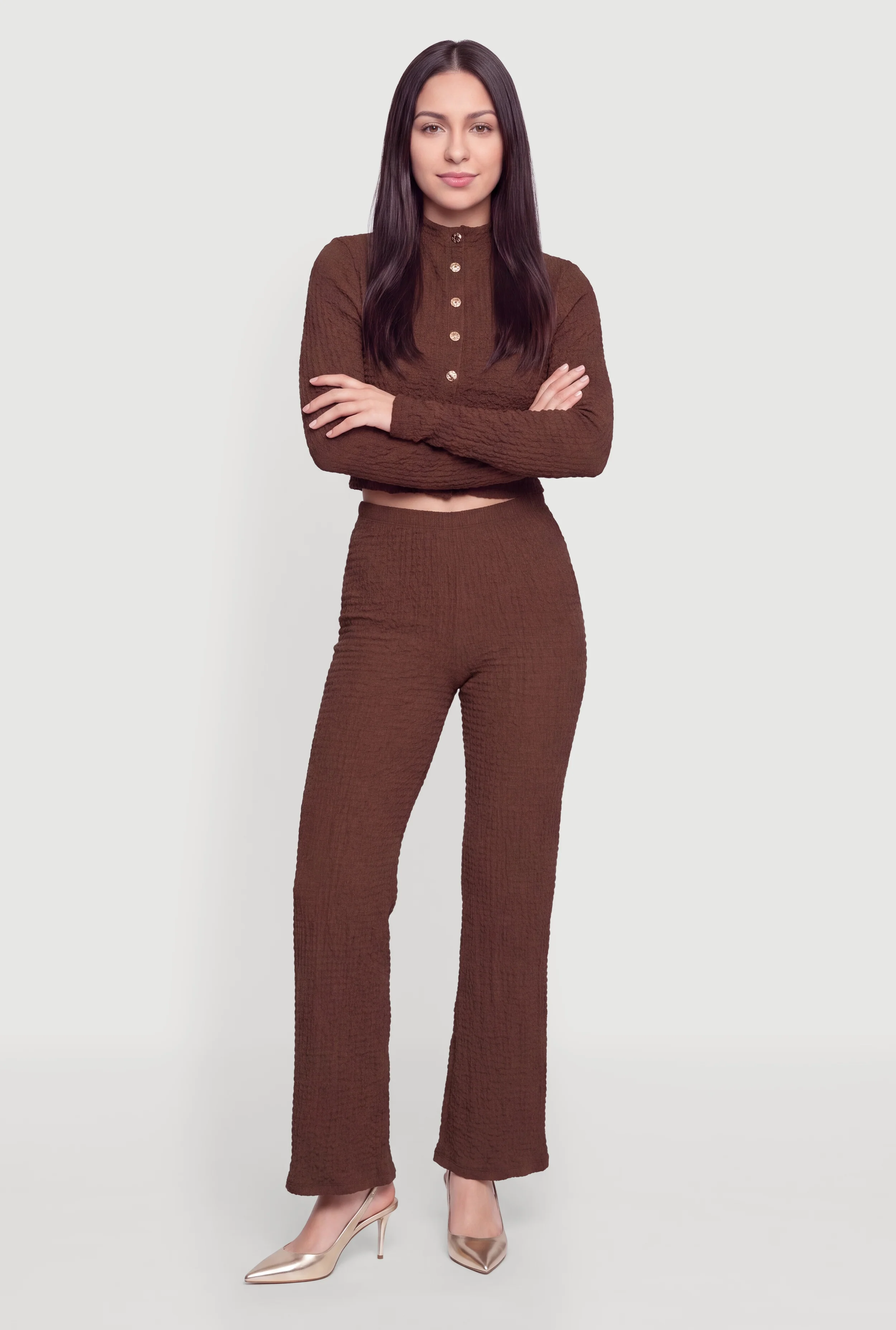 Textured Knit High Waisted Flare Leg Pull On Pants