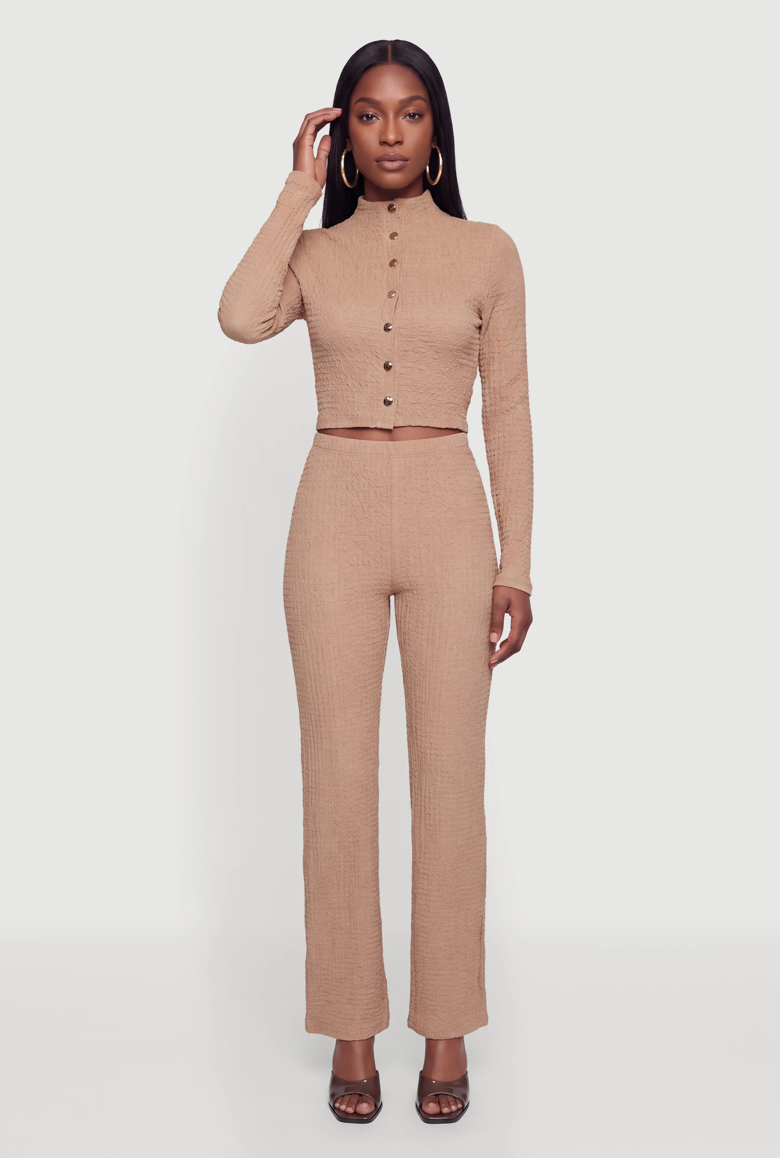 Textured Knit High Waisted Flare Leg Pull On Pants