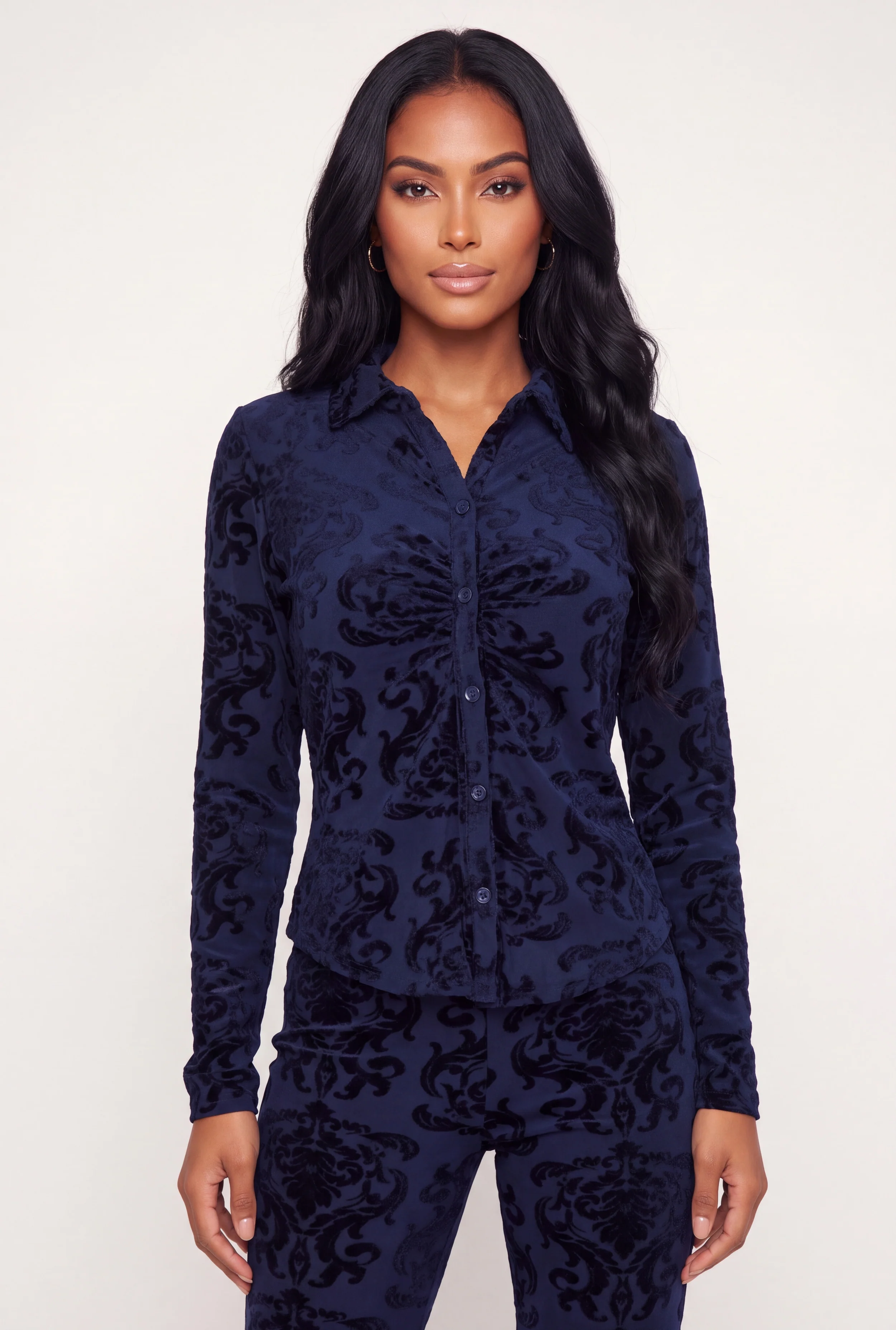 Velvet Burnout Damask Ruched Button Down Shirt